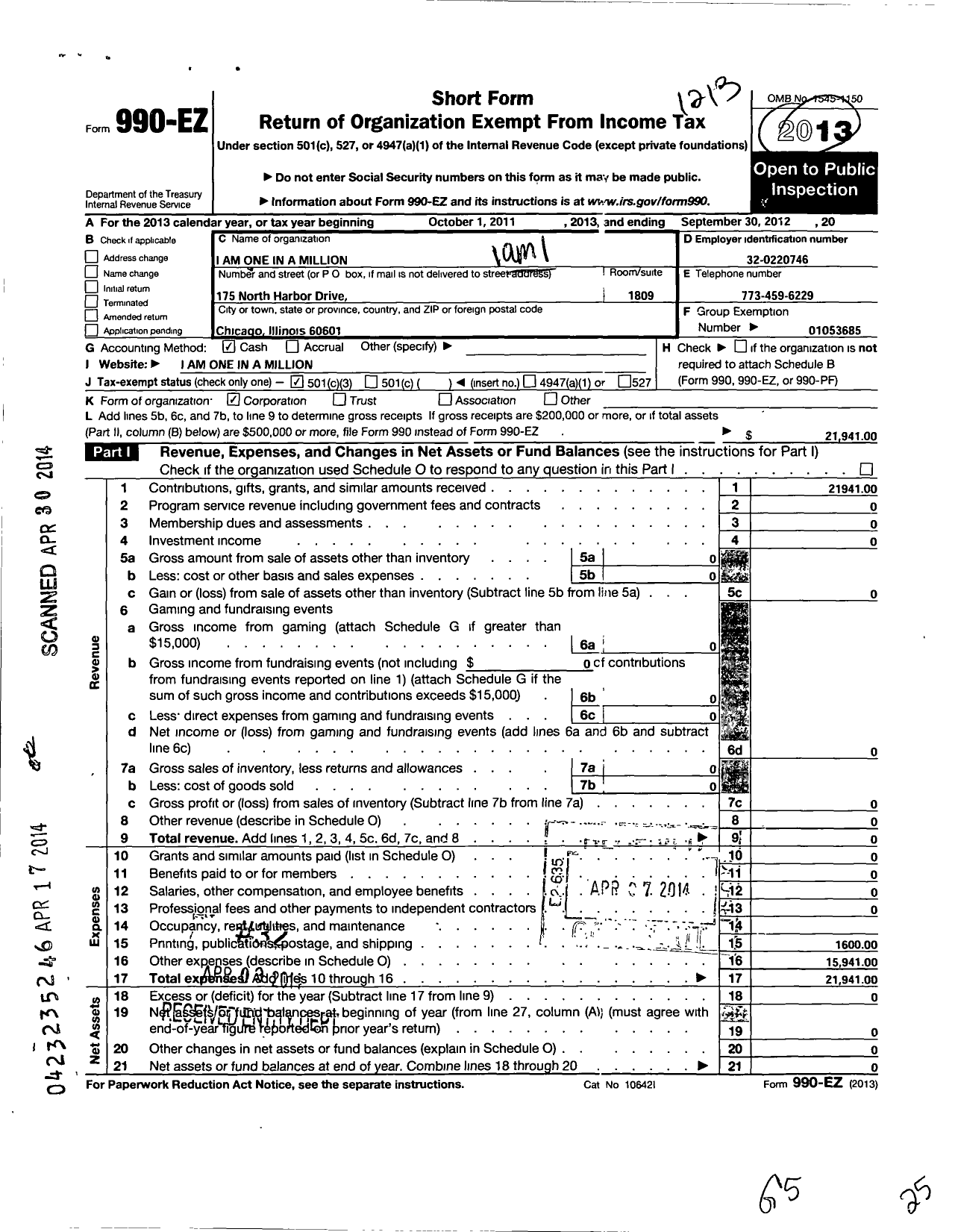 Image of first page of 2011 Form 990EZ for I Am 1 in A Million