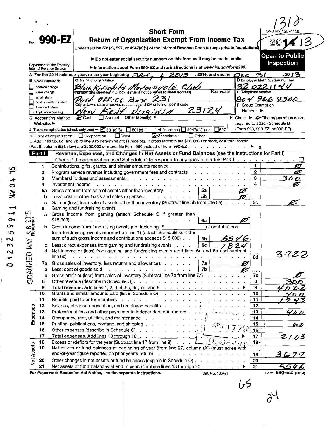 Image of first page of 2013 Form 990EZ for Blue Knights Motorcycle Club / Virginia Viii