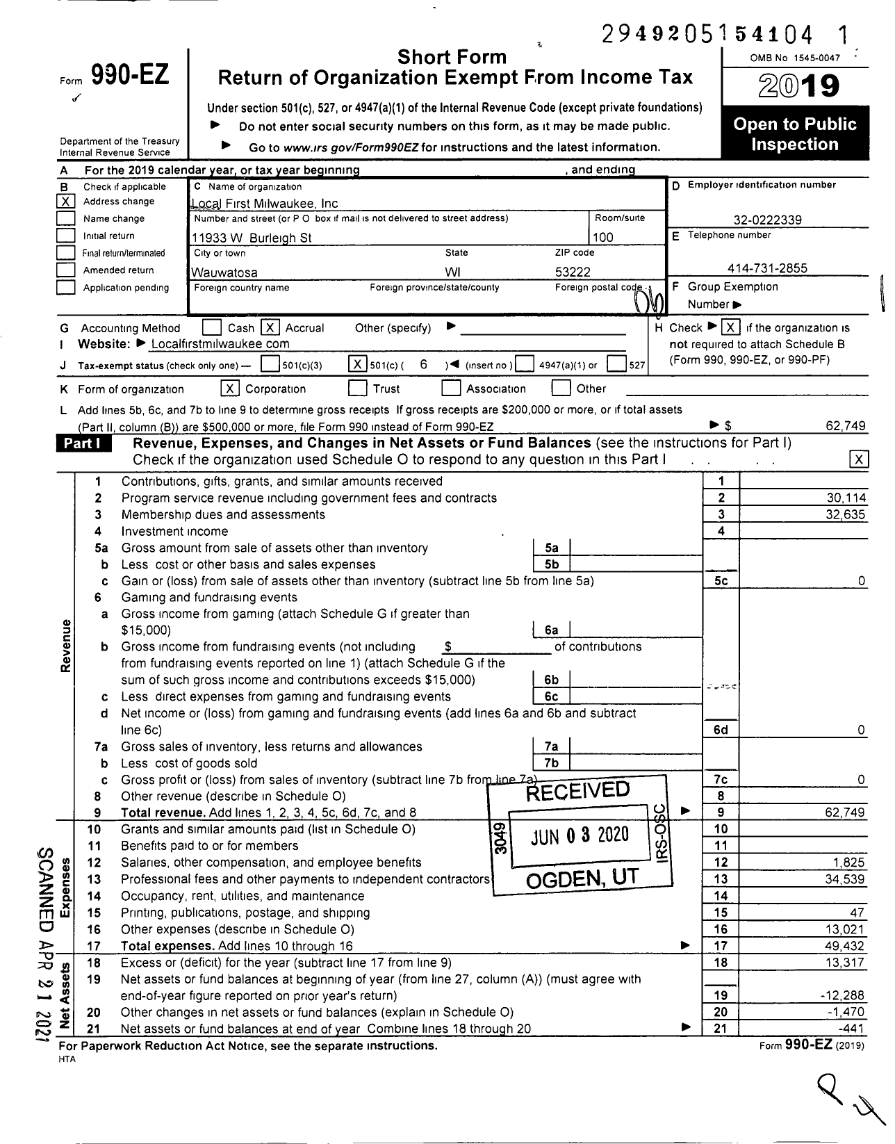 Image of first page of 2019 Form 990EO for Local First Milwaukee