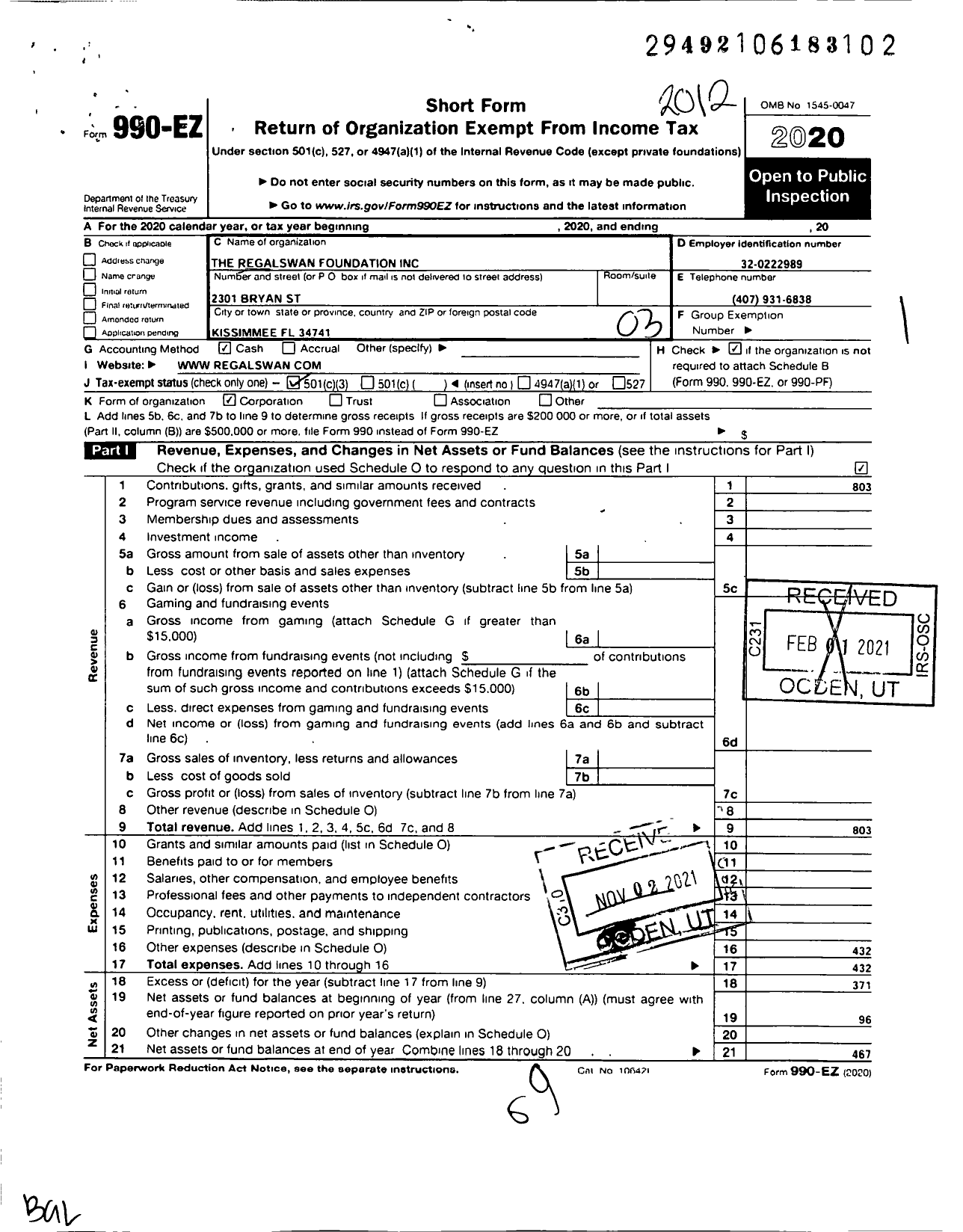 Image of first page of 2020 Form 990EZ for The Regal Swan Foundation