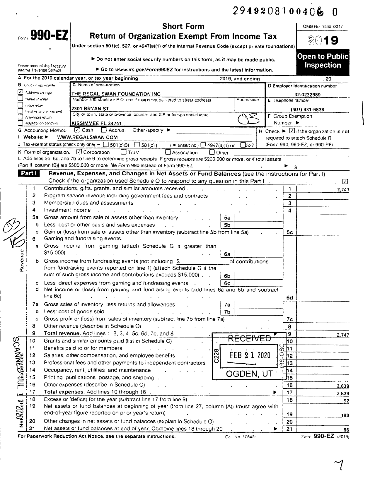 Image of first page of 2019 Form 990EZ for The Regal Swan Foundation