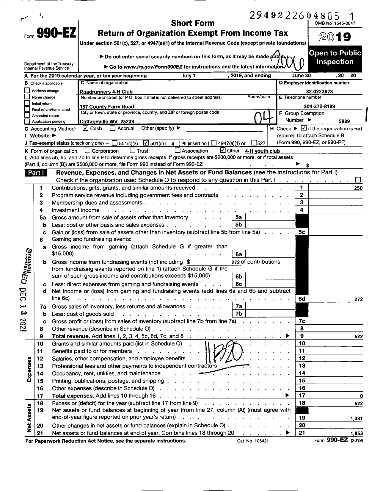 Image of first page of 2019 Form 990EO for State of West Virginia / Roadrunners 4-H Club