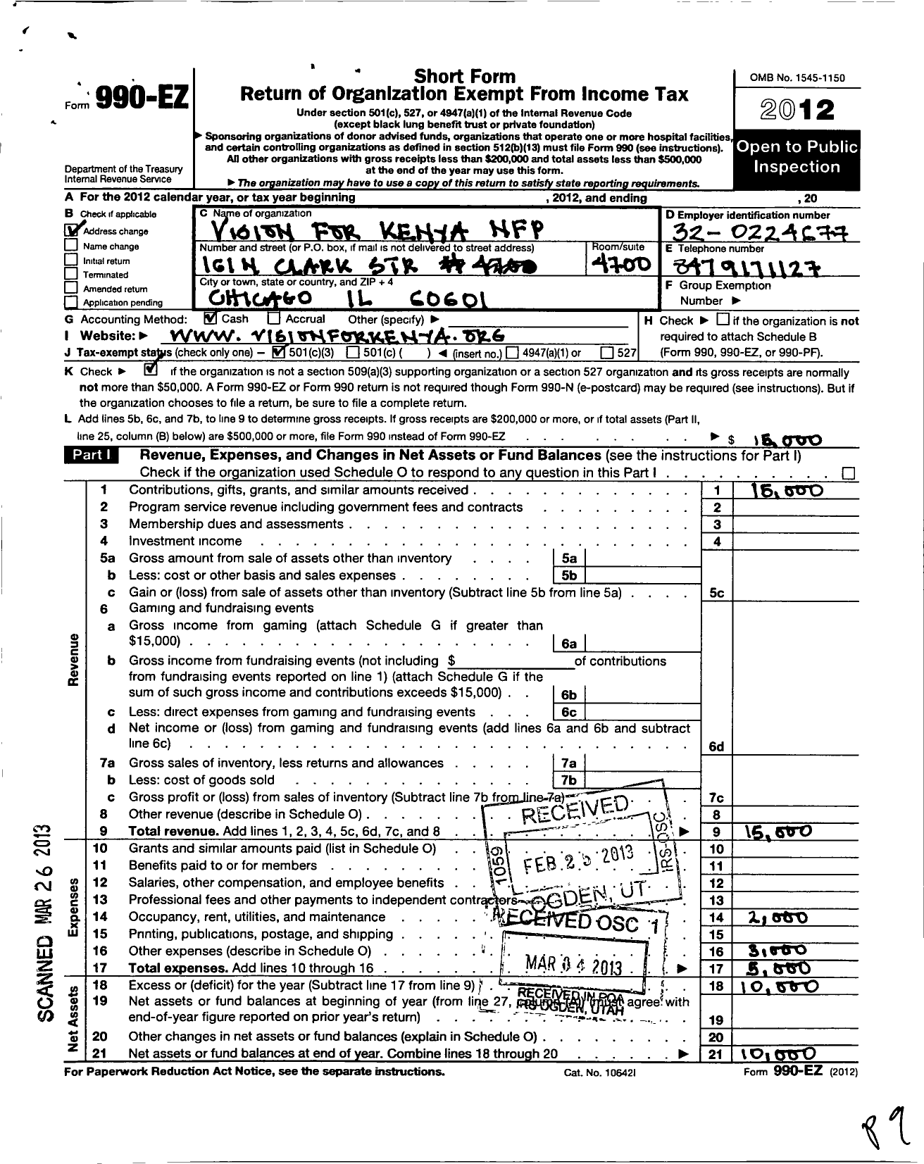 Image of first page of 2012 Form 990EZ for Vision for Kenya NFP