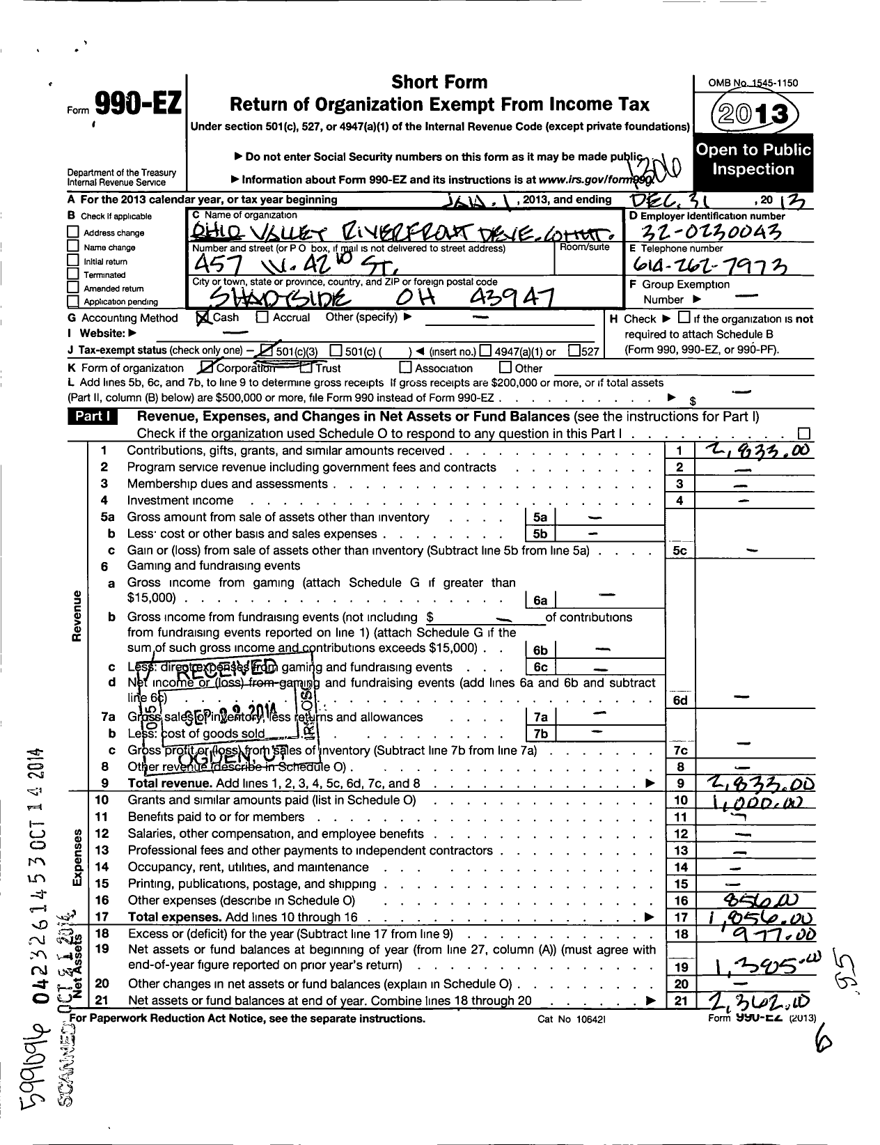 Image of first page of 2012 Form 990EZ for Ohio Valley Riverfront Development