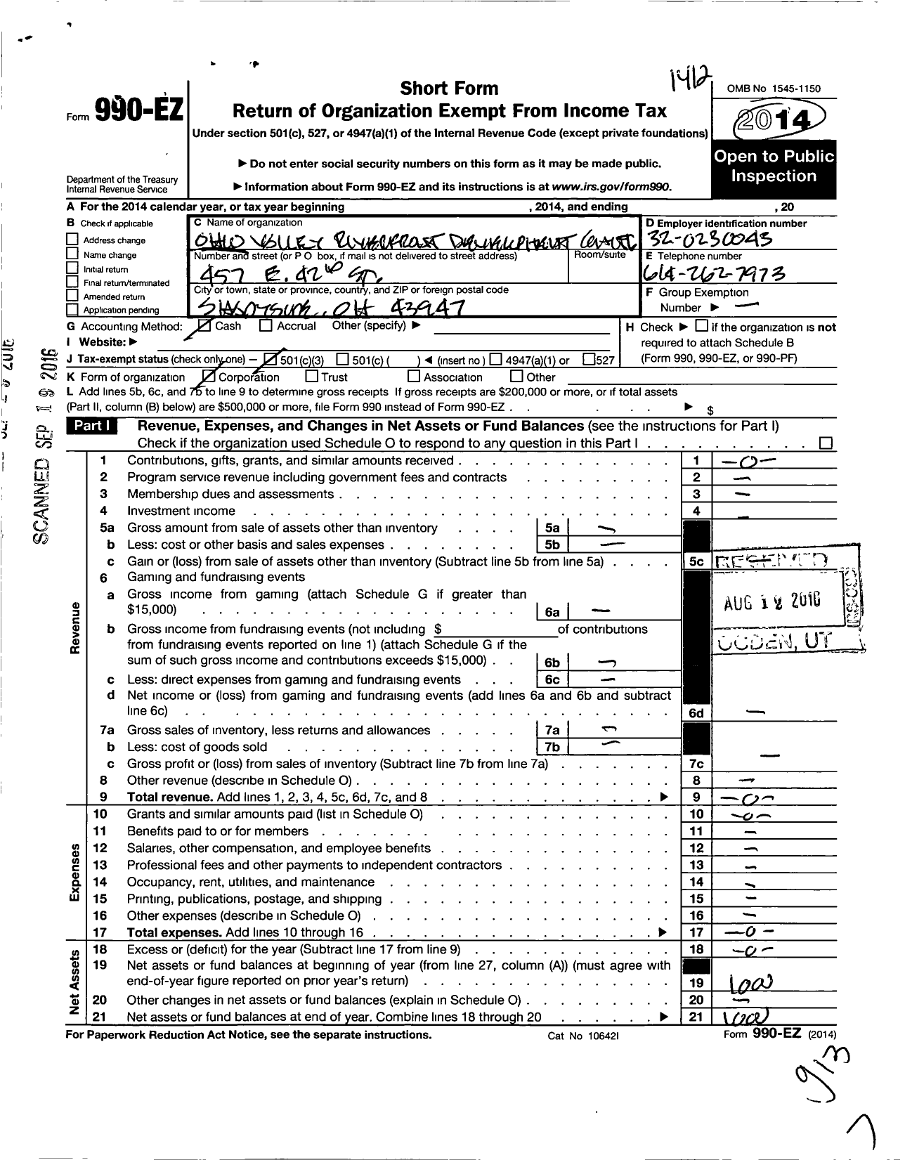 Image of first page of 2014 Form 990EZ for Ohio Valley Riverfront Development