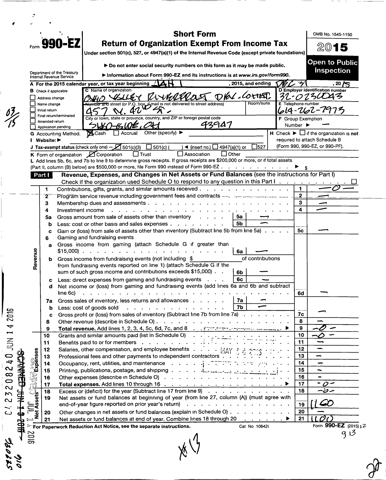 Image of first page of 2015 Form 990EZ for Ohio Valley Riverfront Development