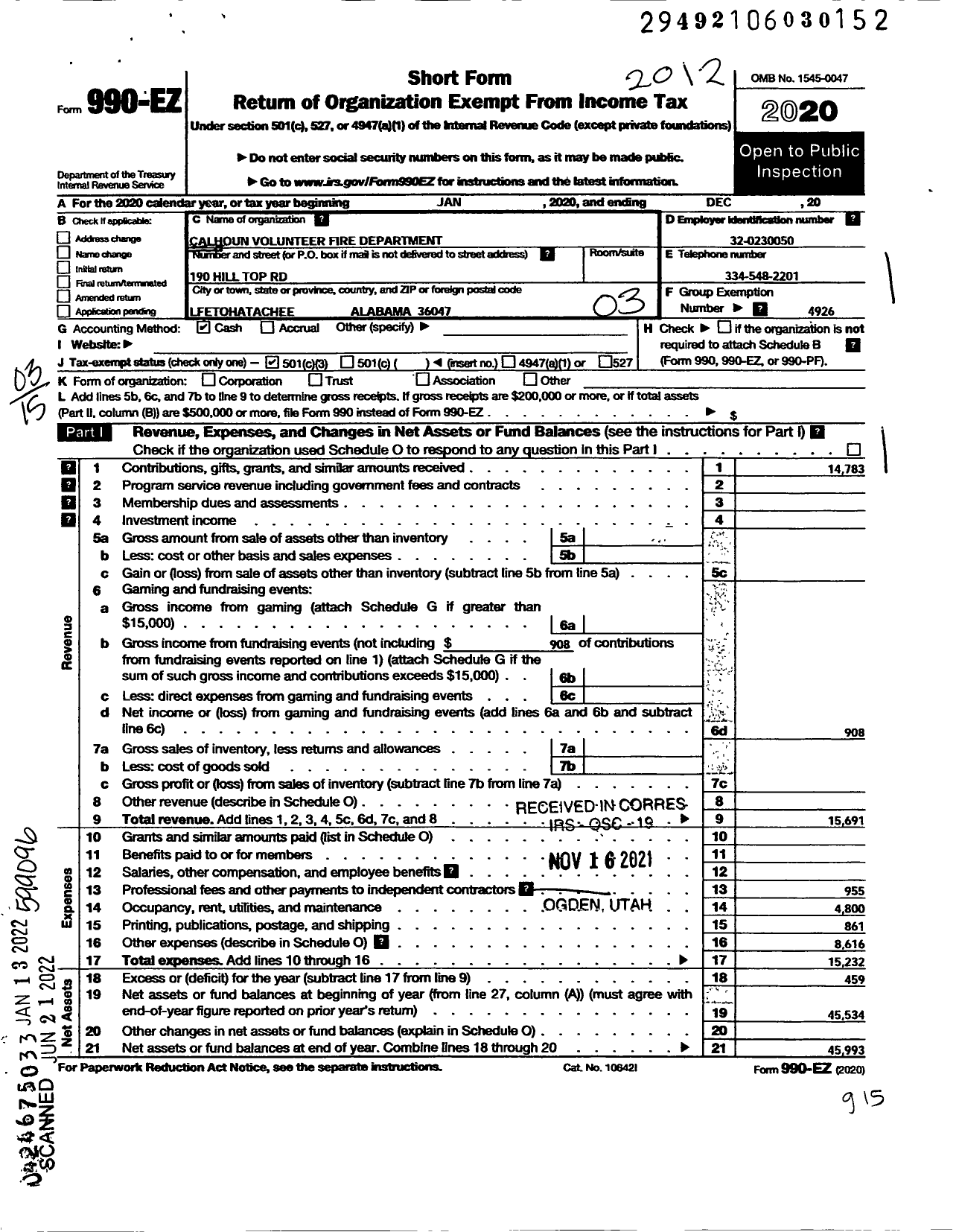 Image of first page of 2020 Form 990EZ for Calhoun Volunteer Fire Department