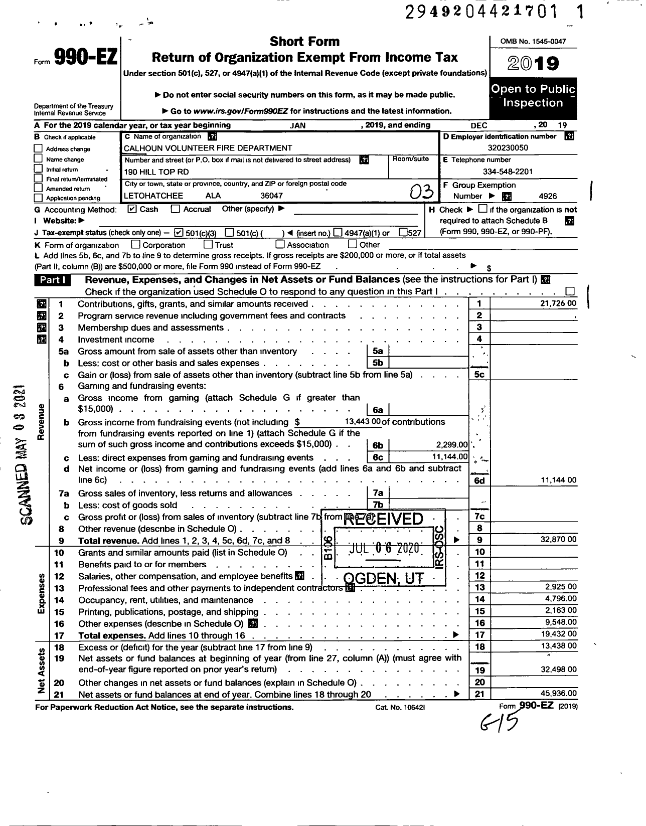 Image of first page of 2019 Form 990EZ for Calhoun Volunteer Fire Department