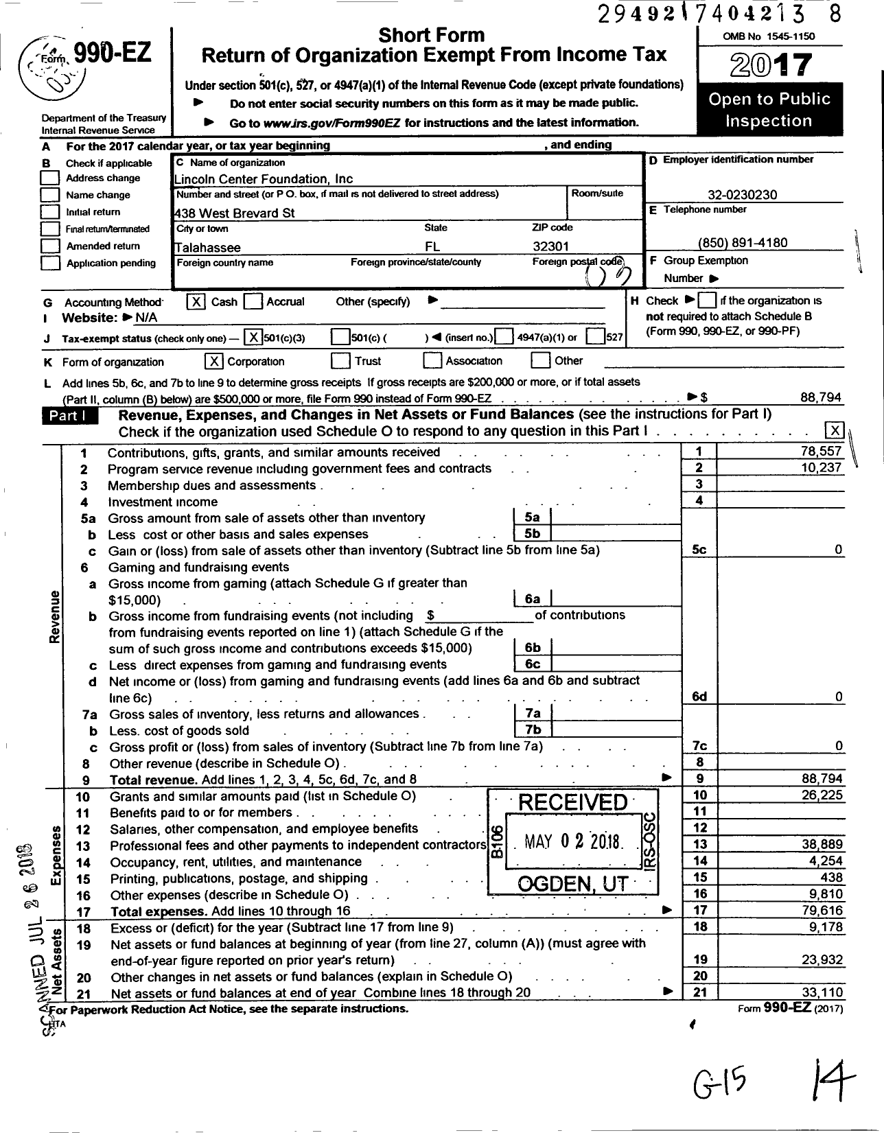 Image of first page of 2017 Form 990EZ for Lincoln Center Foundation