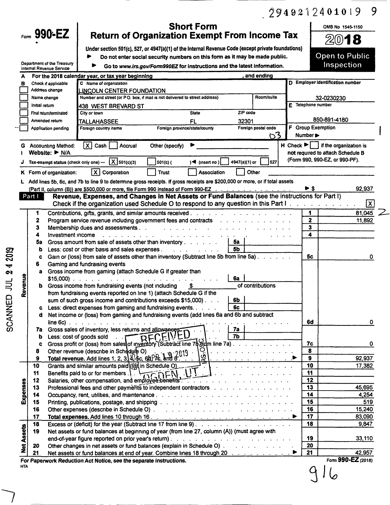 Image of first page of 2018 Form 990EZ for Lincoln Center Foundation