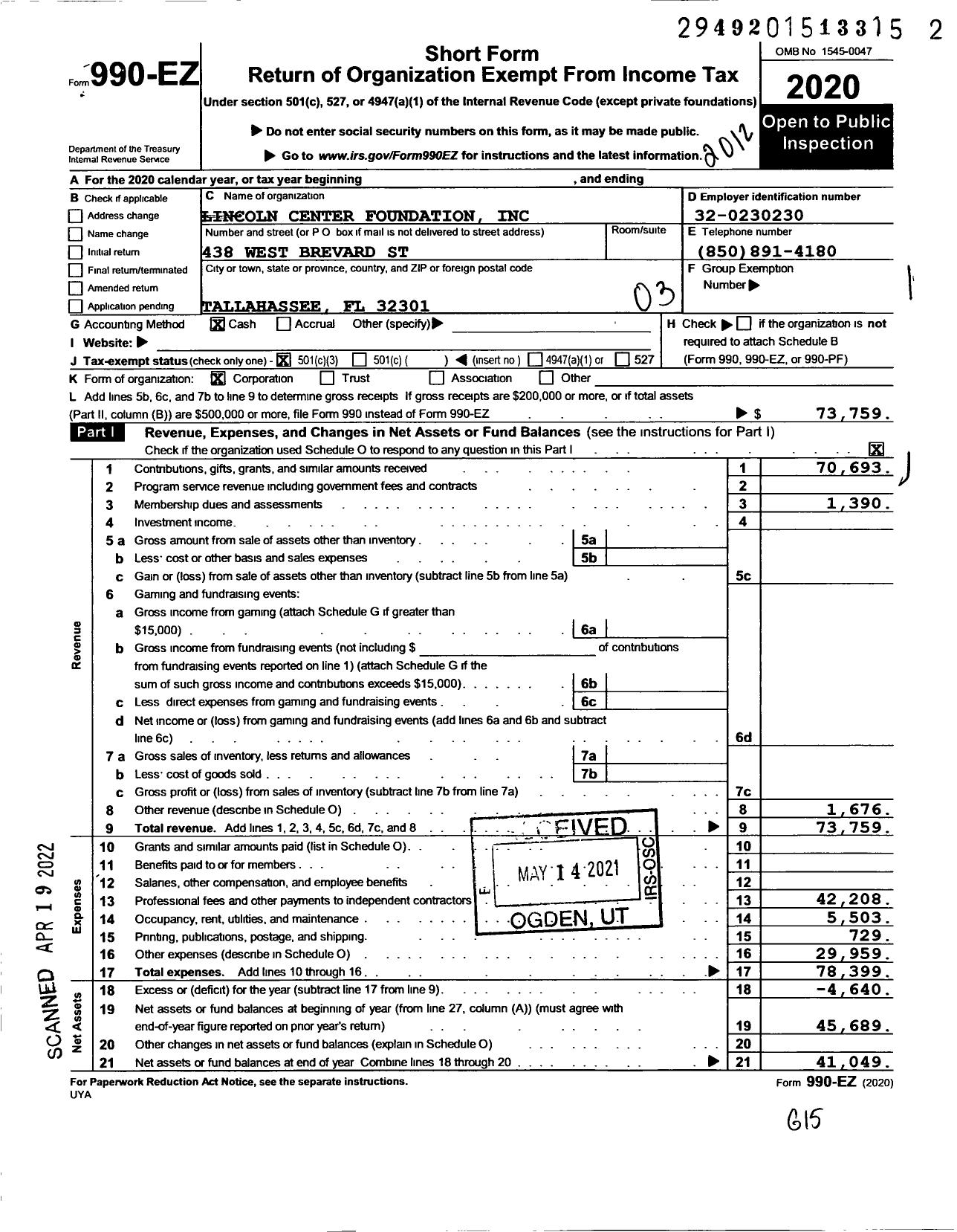 Image of first page of 2020 Form 990EZ for Lincoln Center Foundation