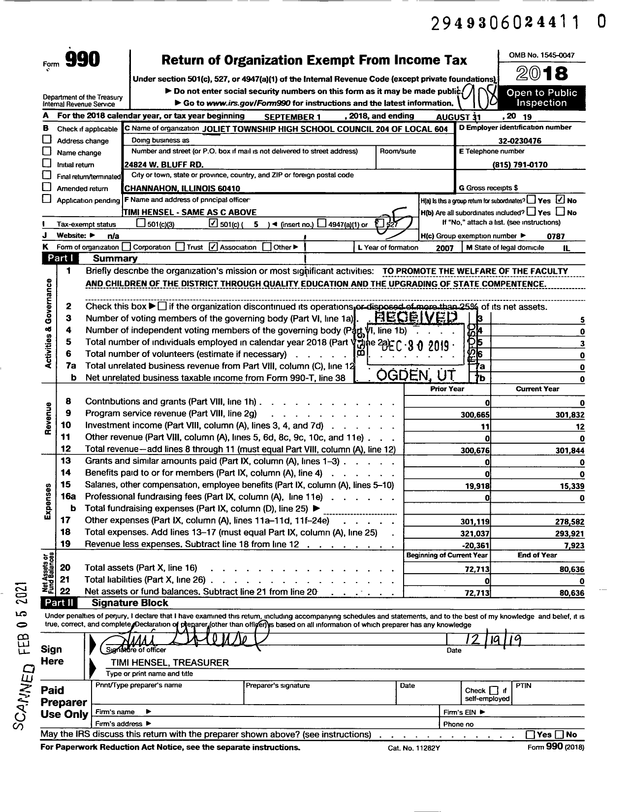 Image of first page of 2018 Form 990O for American Federation of Teachers - 604 Joliet Township HS Council 204