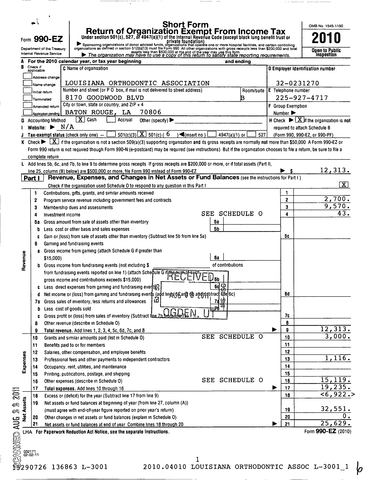 Image of first page of 2010 Form 990EO for Louisiana Orthodontic Association