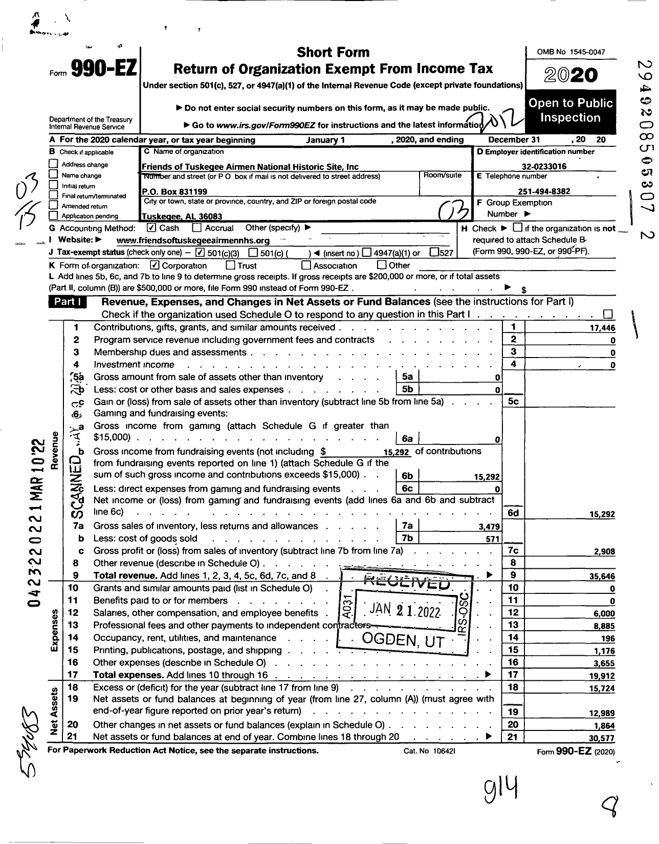 Image of first page of 2020 Form 990EZ for Friends of Tuskegee Airmen National Historic Site