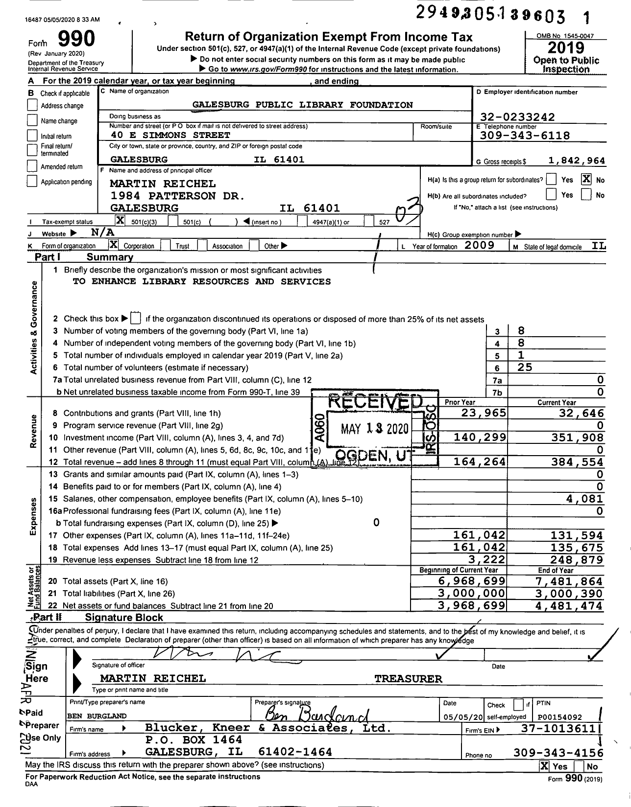 Image of first page of 2019 Form 990 for Galesburg Public Library Foundation