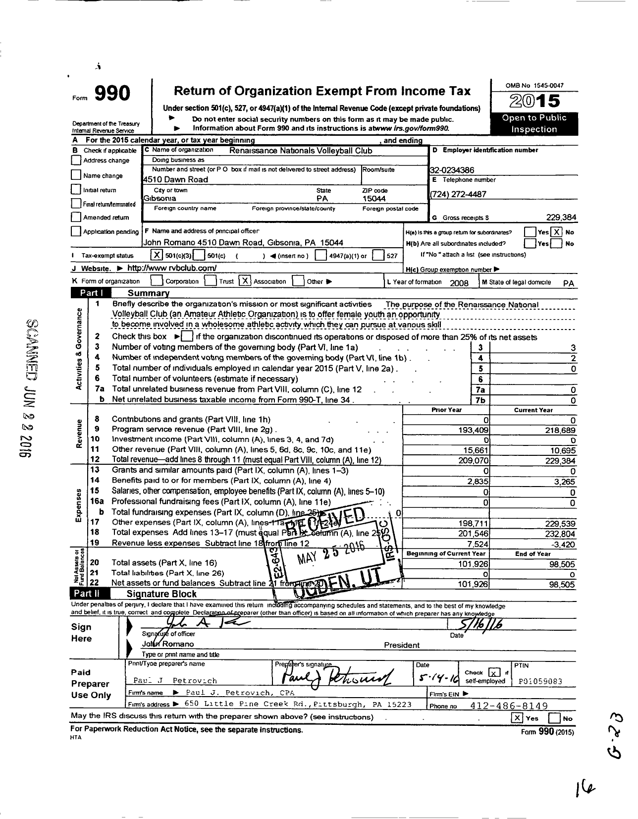 Image of first page of 2015 Form 990 for Renaissance Nationals Volleyball Club