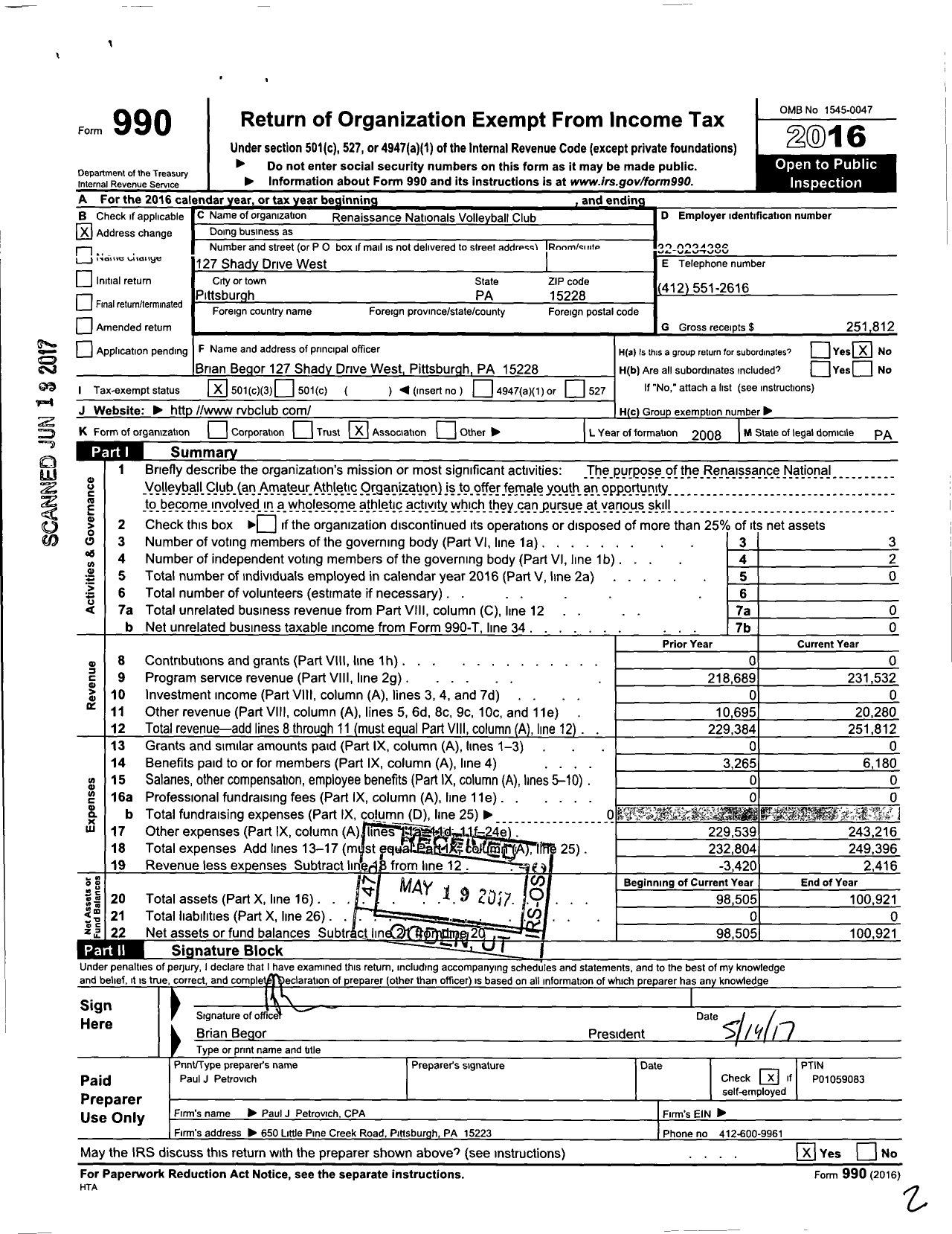 Image of first page of 2016 Form 990 for Renaissance Nationals Volleyball Club