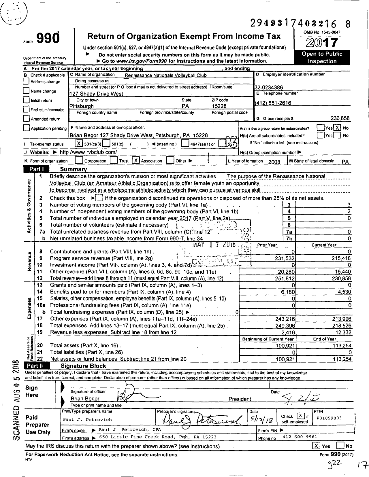 Image of first page of 2017 Form 990 for Renaissance Nationals Volleyball Club