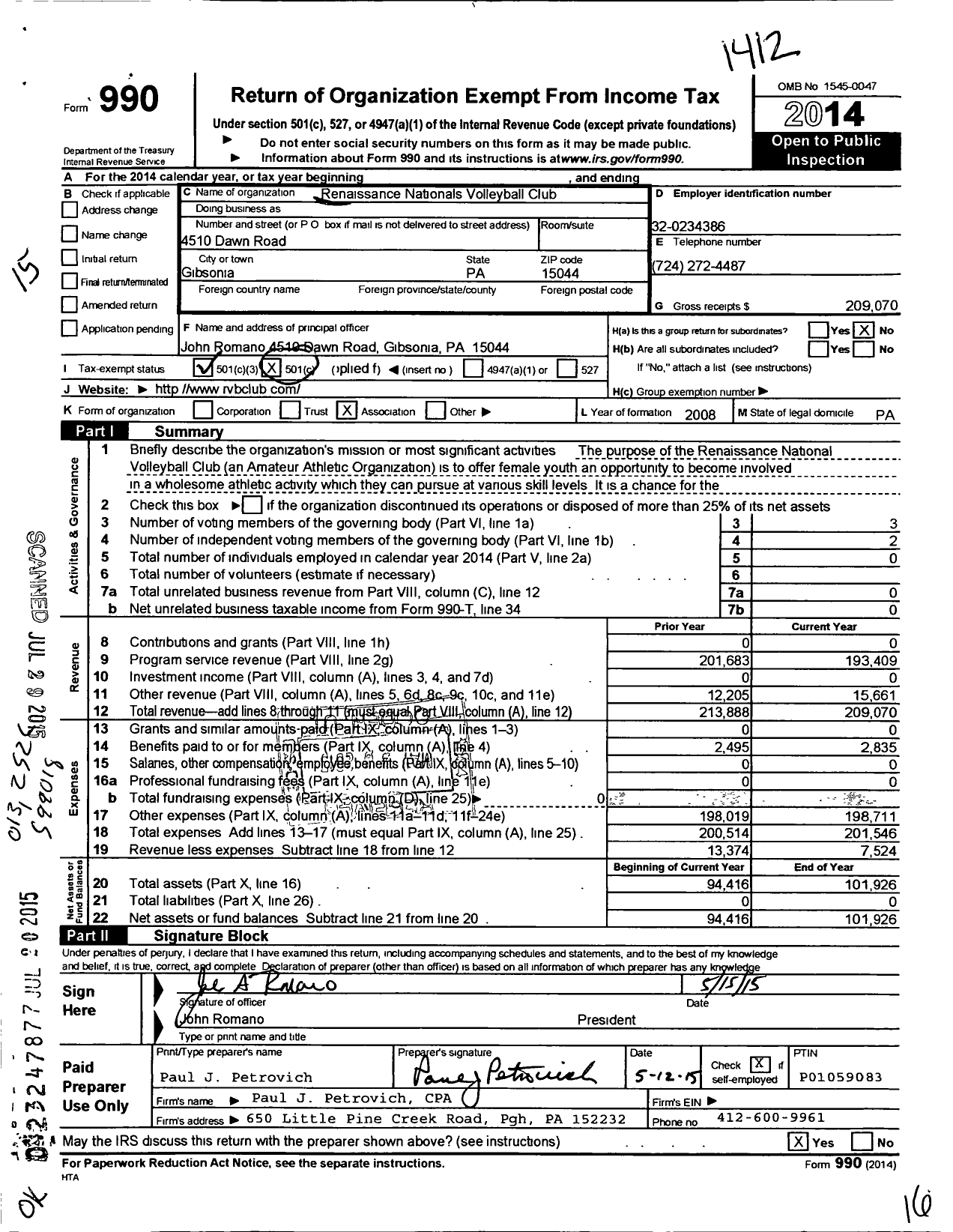 Image of first page of 2014 Form 990 for Renaissance Nationals Volleyball Club