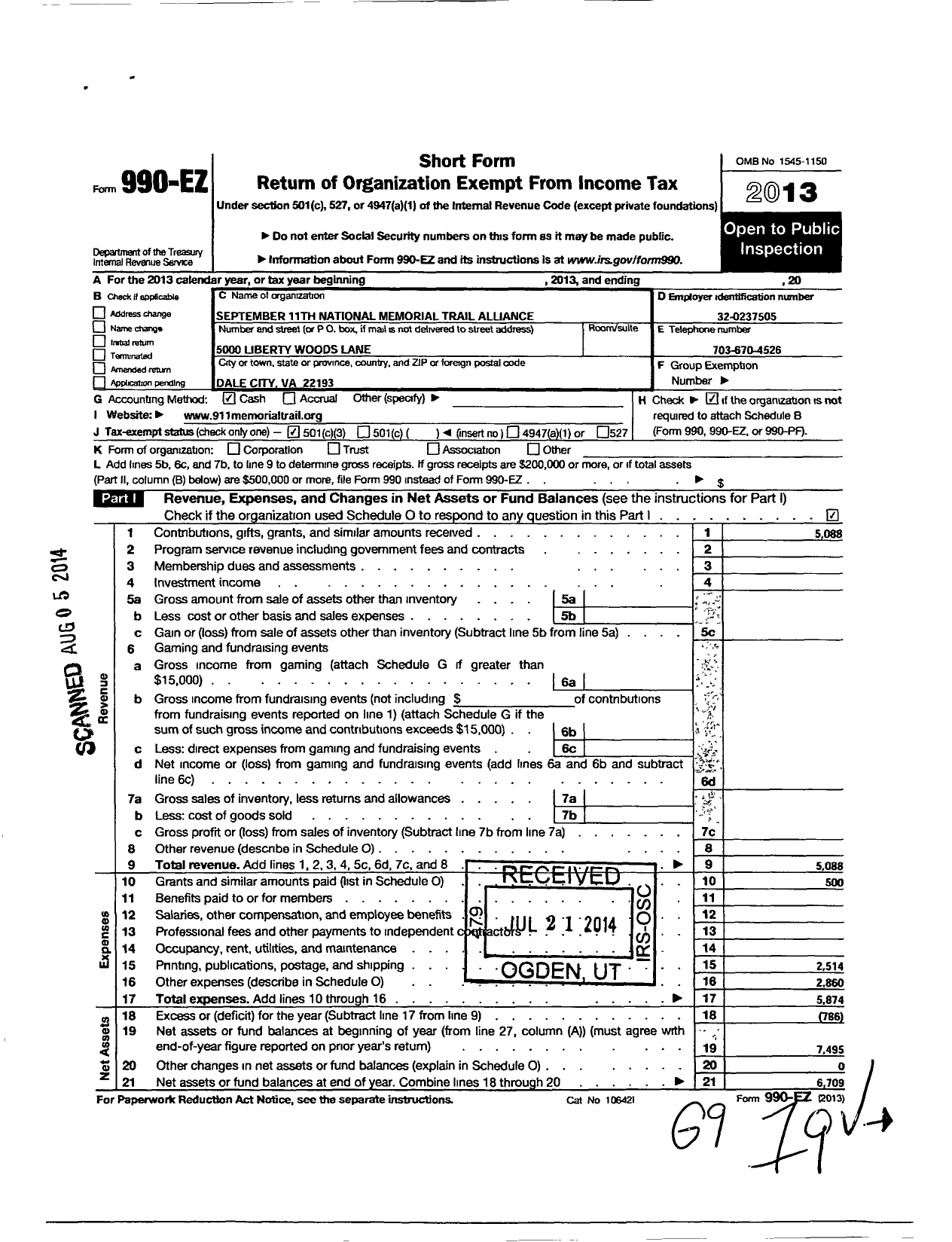Image of first page of 2013 Form 990EZ for September 11th National Memorial Trail Alliance