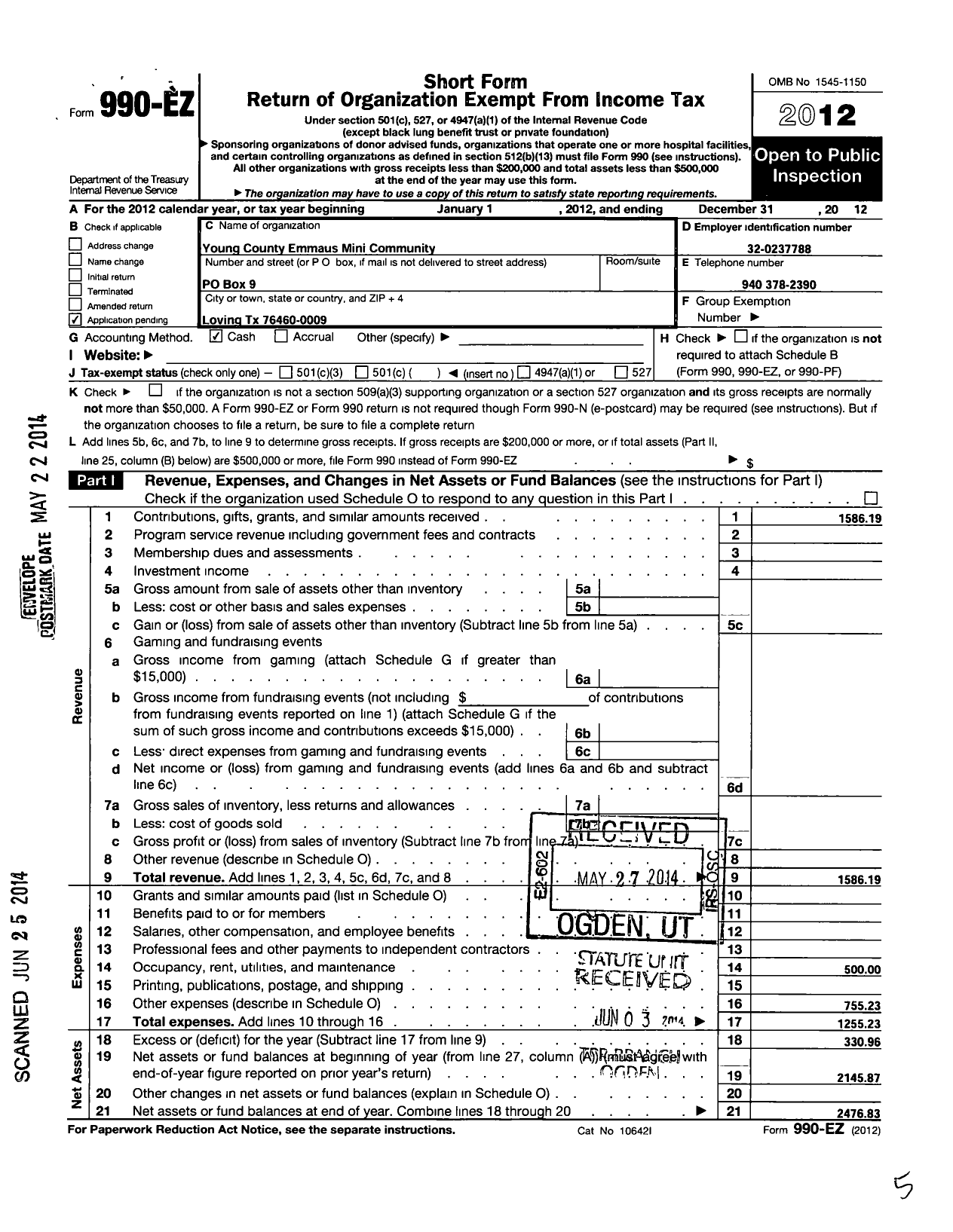 Image of first page of 2012 Form 990EO for Young County Emmaus Mini Community