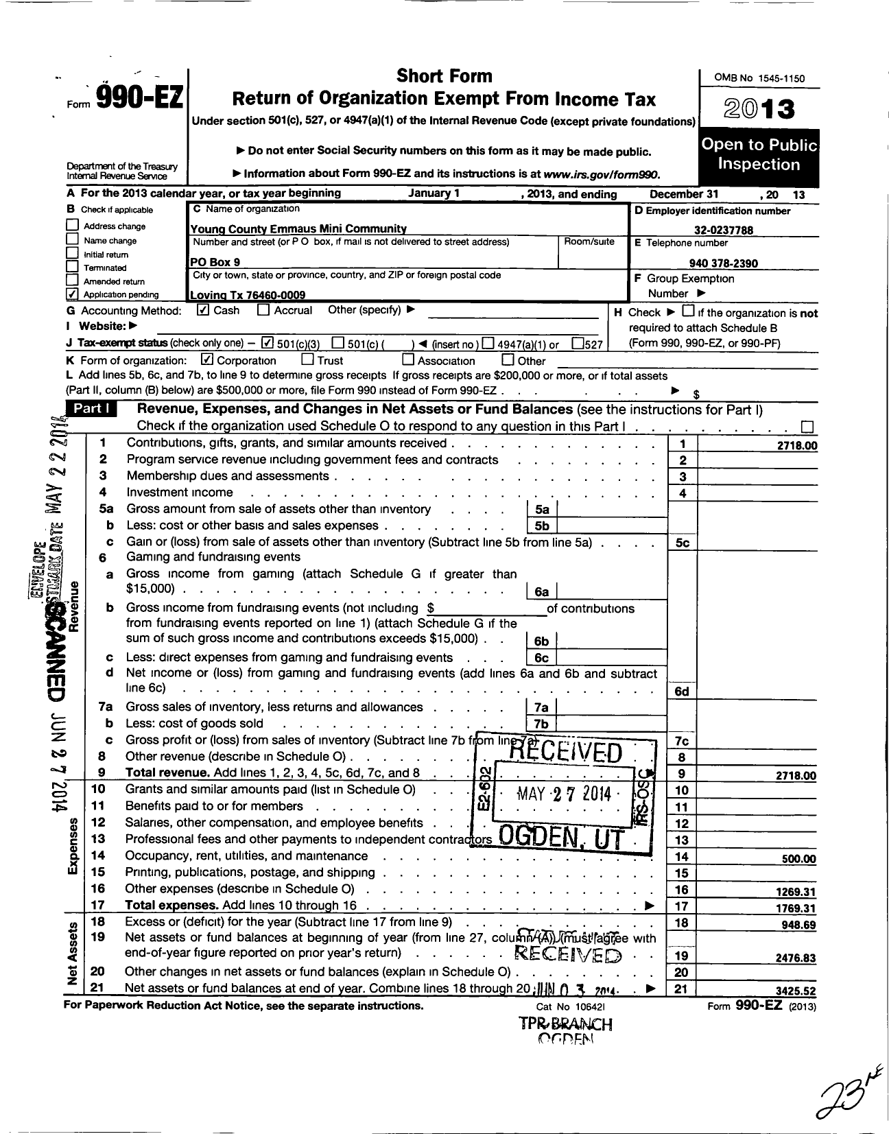 Image of first page of 2013 Form 990EZ for Young County Emmaus Mini Community