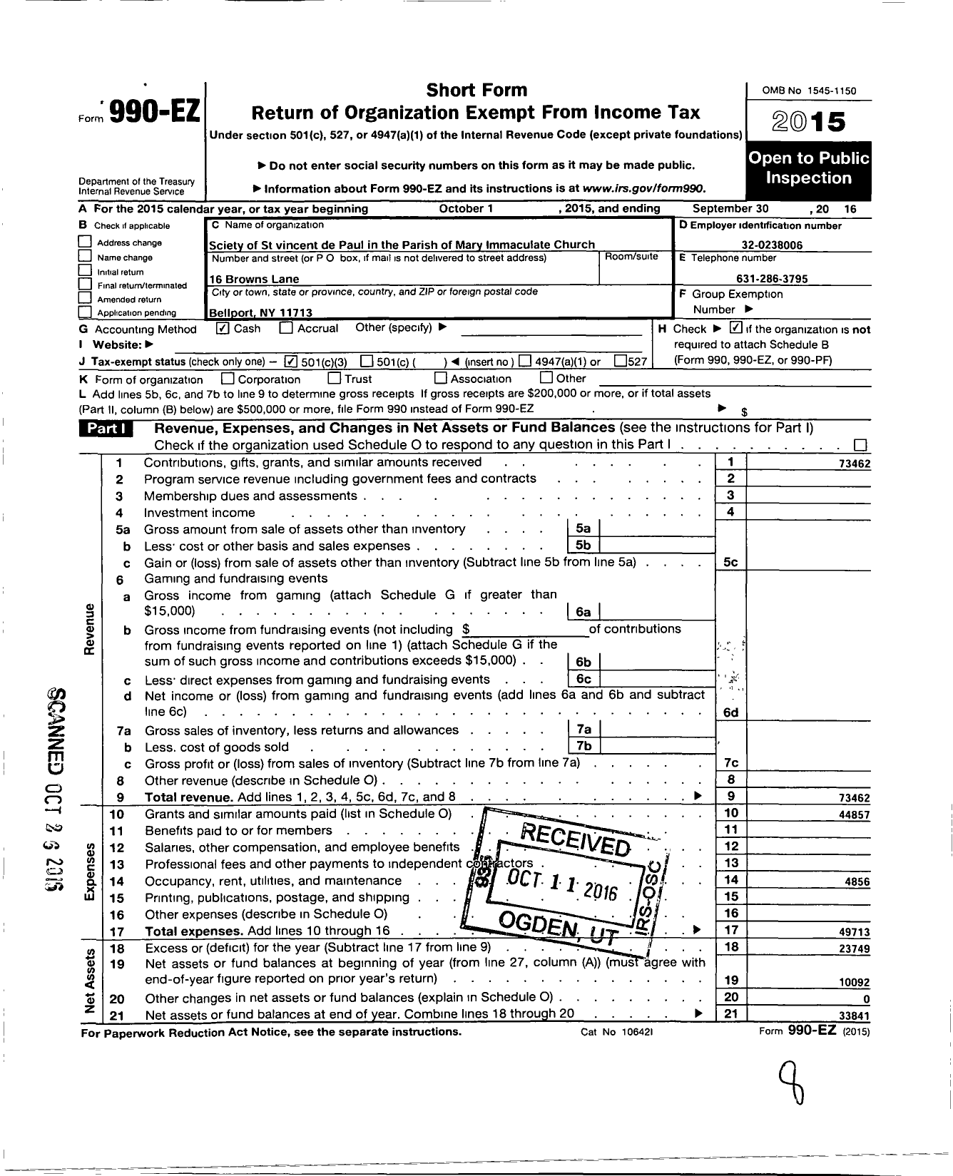 Image of first page of 2015 Form 990EZ for The Society of Saint Vincent de Paul Bellport