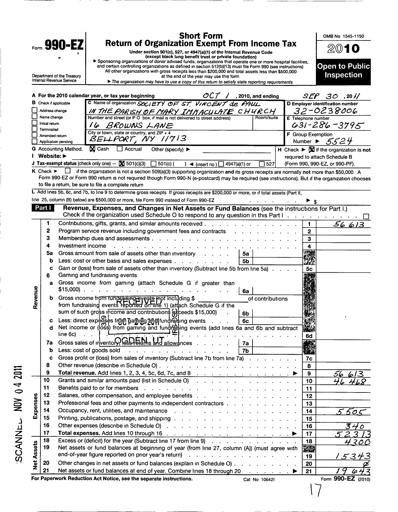 Image of first page of 2010 Form 990EZ for The Society of Saint Vincent de Paul Bellport