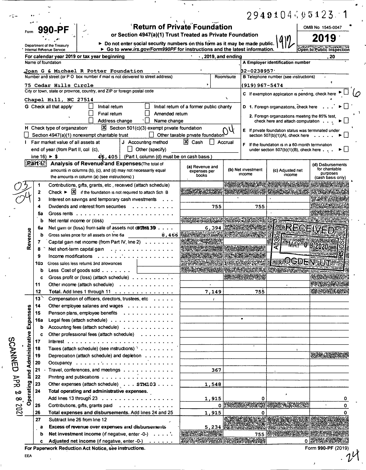 Image of first page of 2019 Form 990PF for Joan G & Michael R Potter Foundation