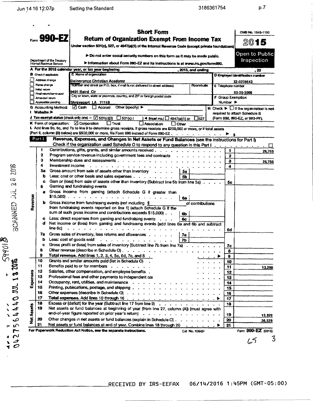 Image of first page of 2015 Form 990EZ for Deliverance Christian Academy