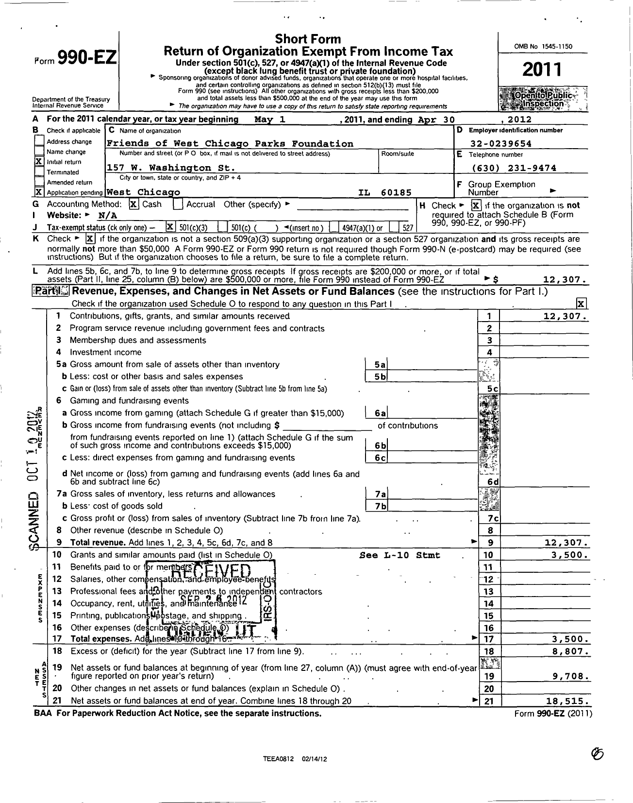 Image of first page of 2011 Form 990EZ for Friends of the West Chicago Parks NFP