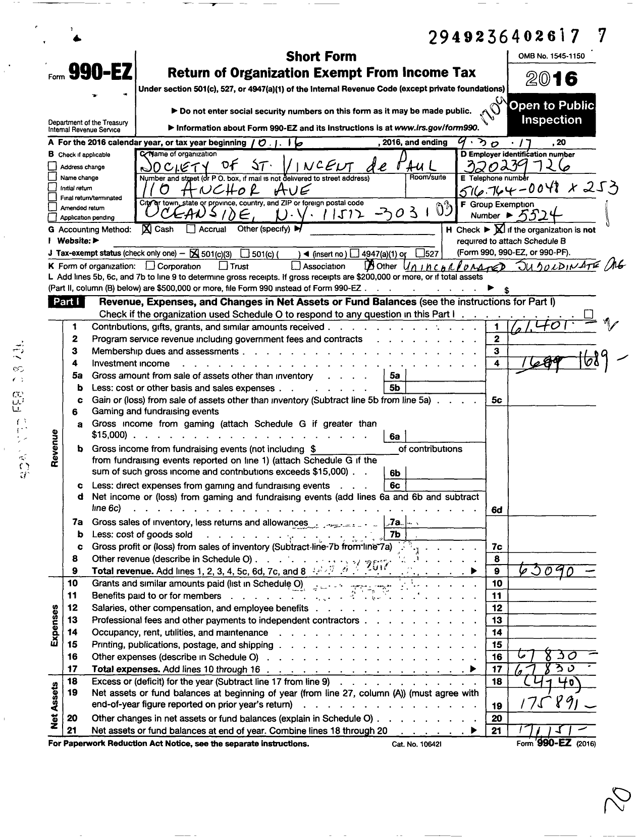 Image of first page of 2016 Form 990EZ for Central Council of the Society of St Vincent de Paul in the Diocese / St Anthonys Parish