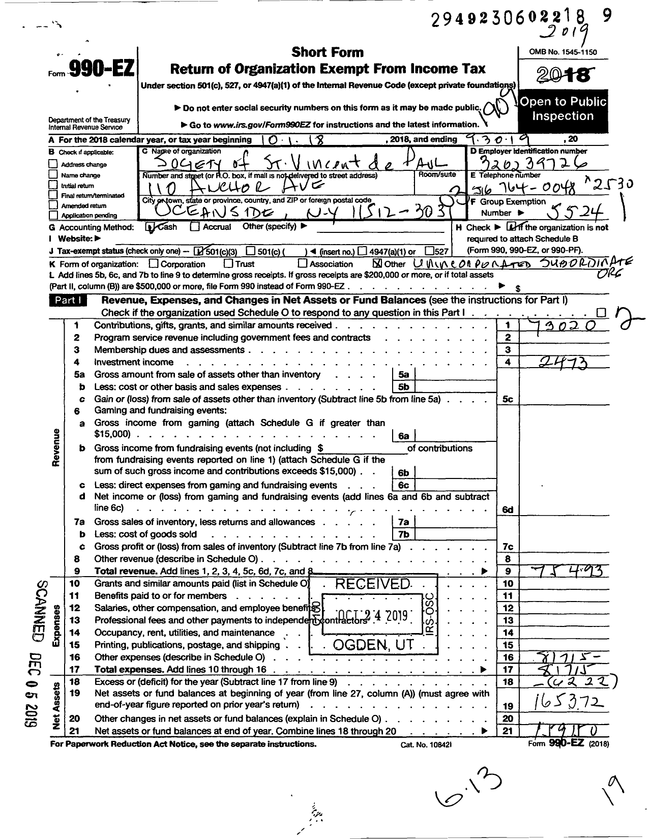 Image of first page of 2018 Form 990EZ for Central Council of the Society of St Vincent de Paul in the Diocese / St Anthonys Parish