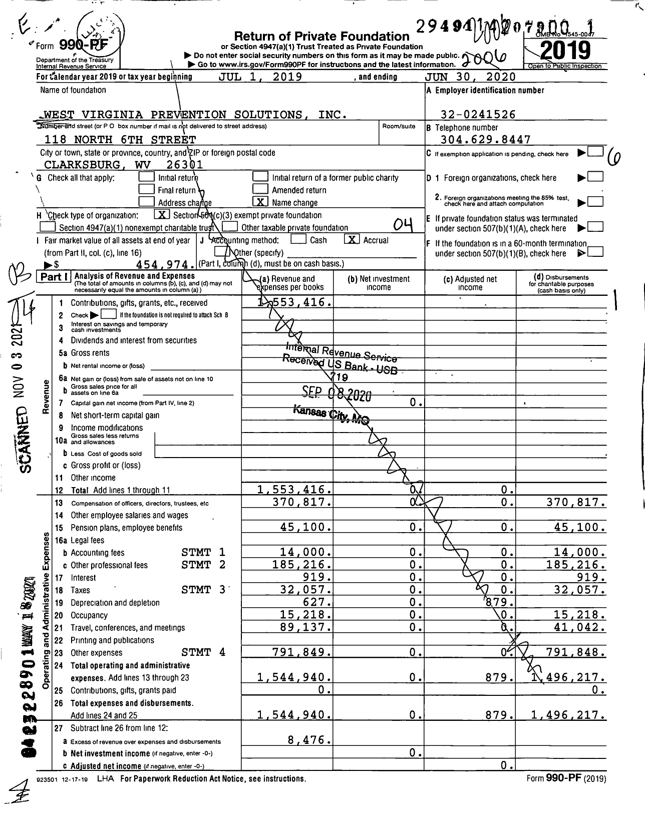 Image of first page of 2019 Form 990PF for West Virginia Prevention Solutions