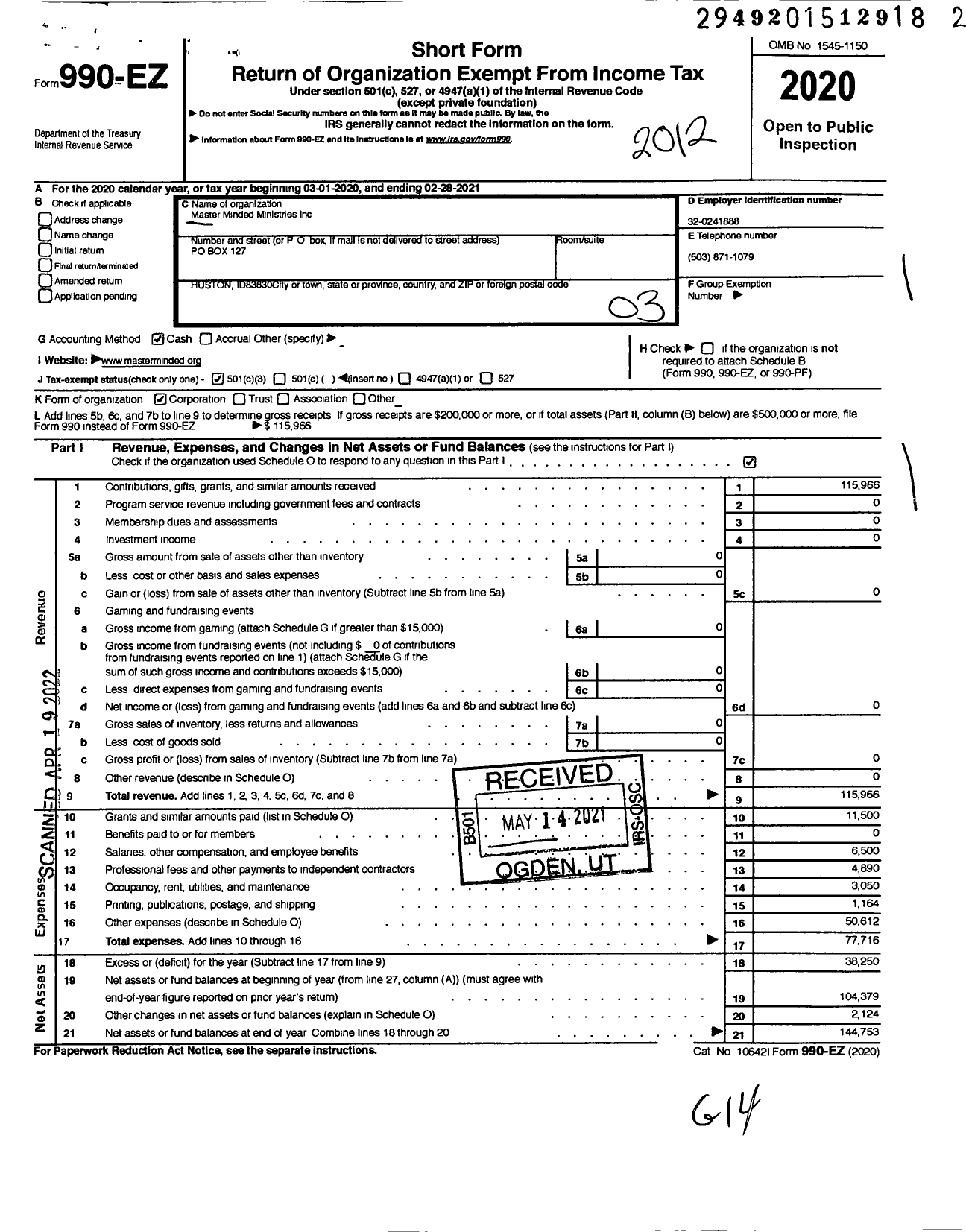 Image of first page of 2020 Form 990EZ for Master Minded Ministries