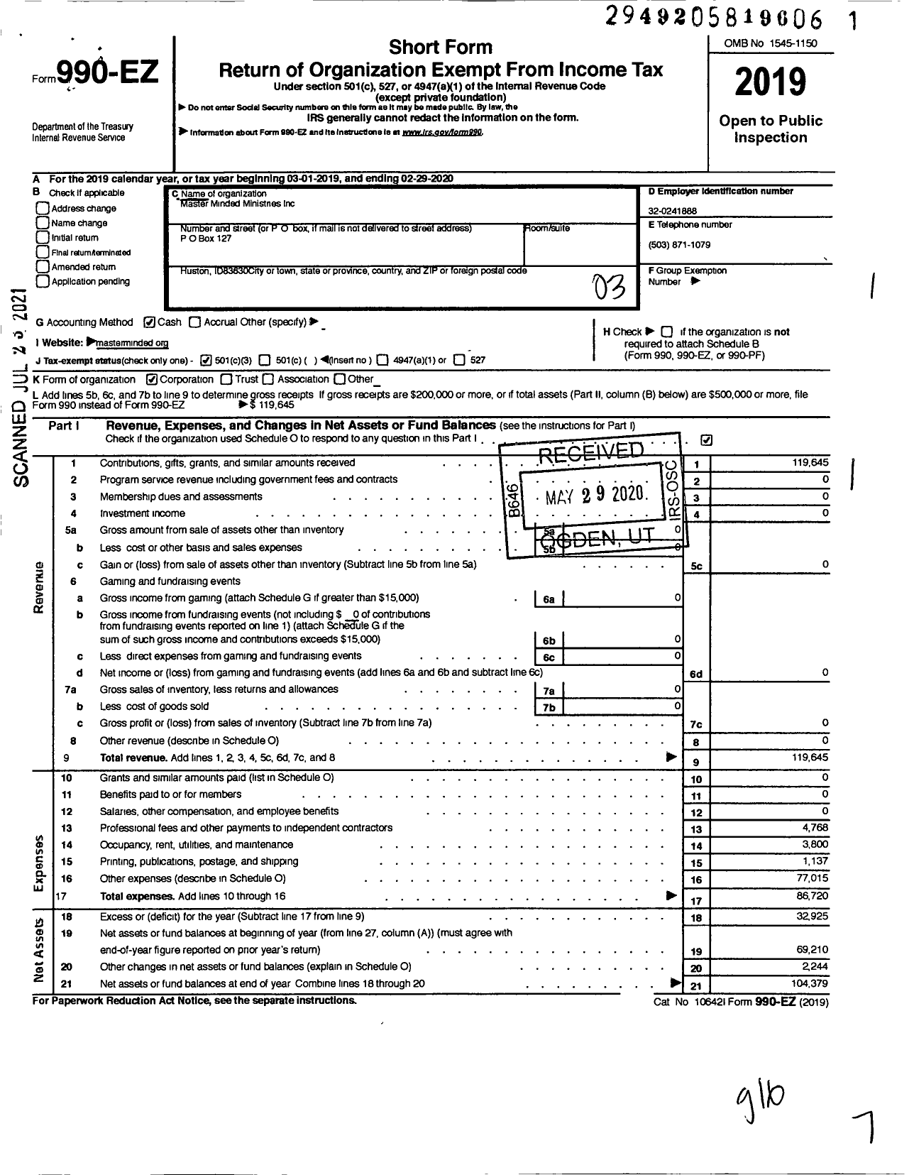 Image of first page of 2019 Form 990EZ for Master Minded Ministries