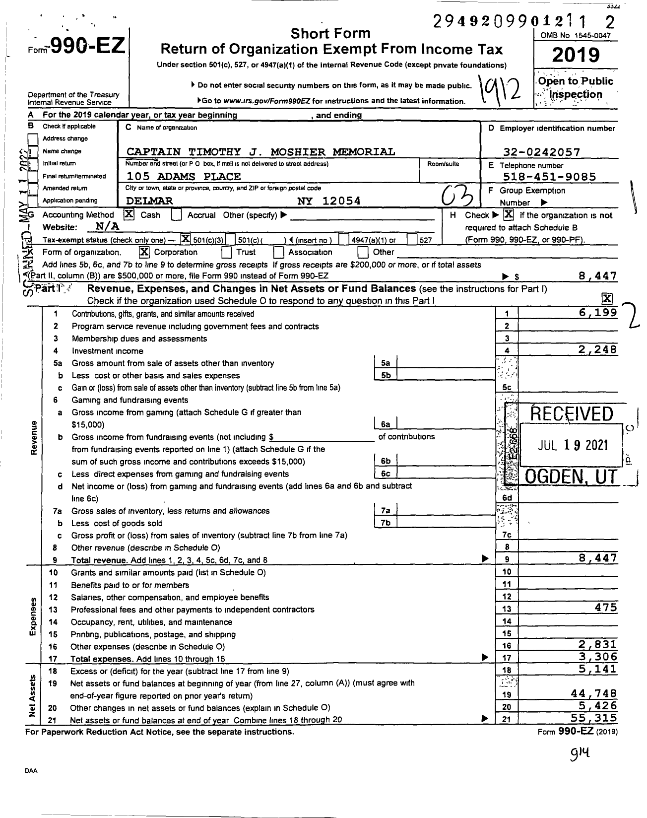 Image of first page of 2019 Form 990EZ for Captain Timothy J Moshier Memorial