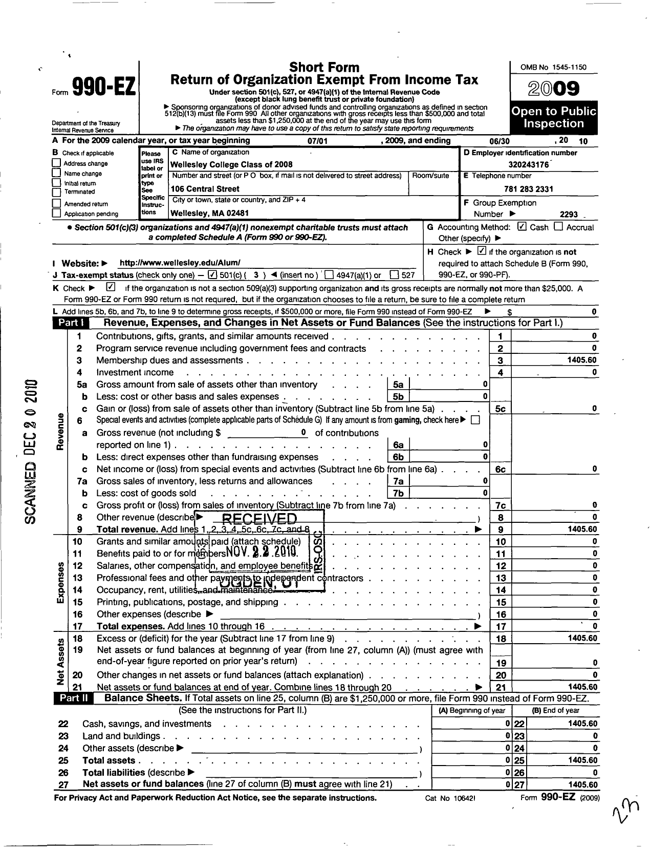 Image of first page of 2009 Form 990EZ for Wellesley College Alumnae Association - 2008 Class