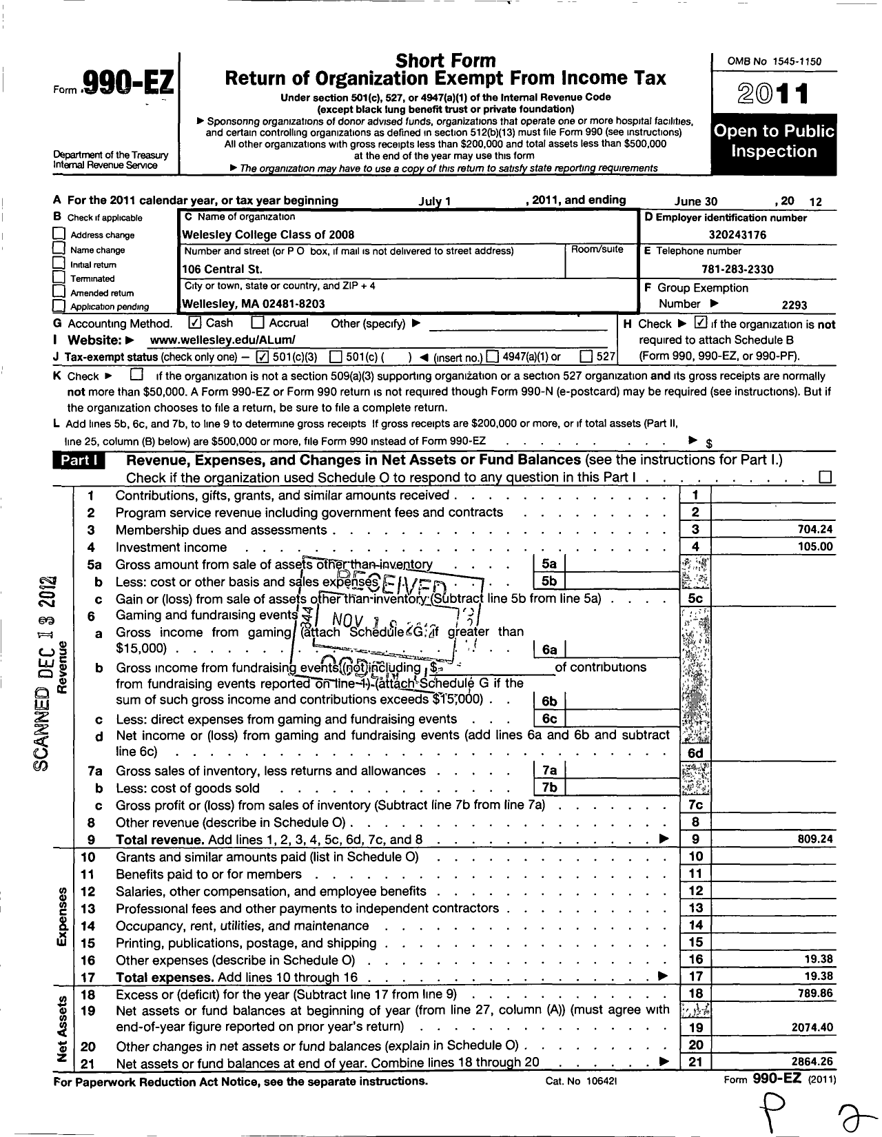 Image of first page of 2011 Form 990EZ for Wellesley College Alumnae Association - 2008 Class