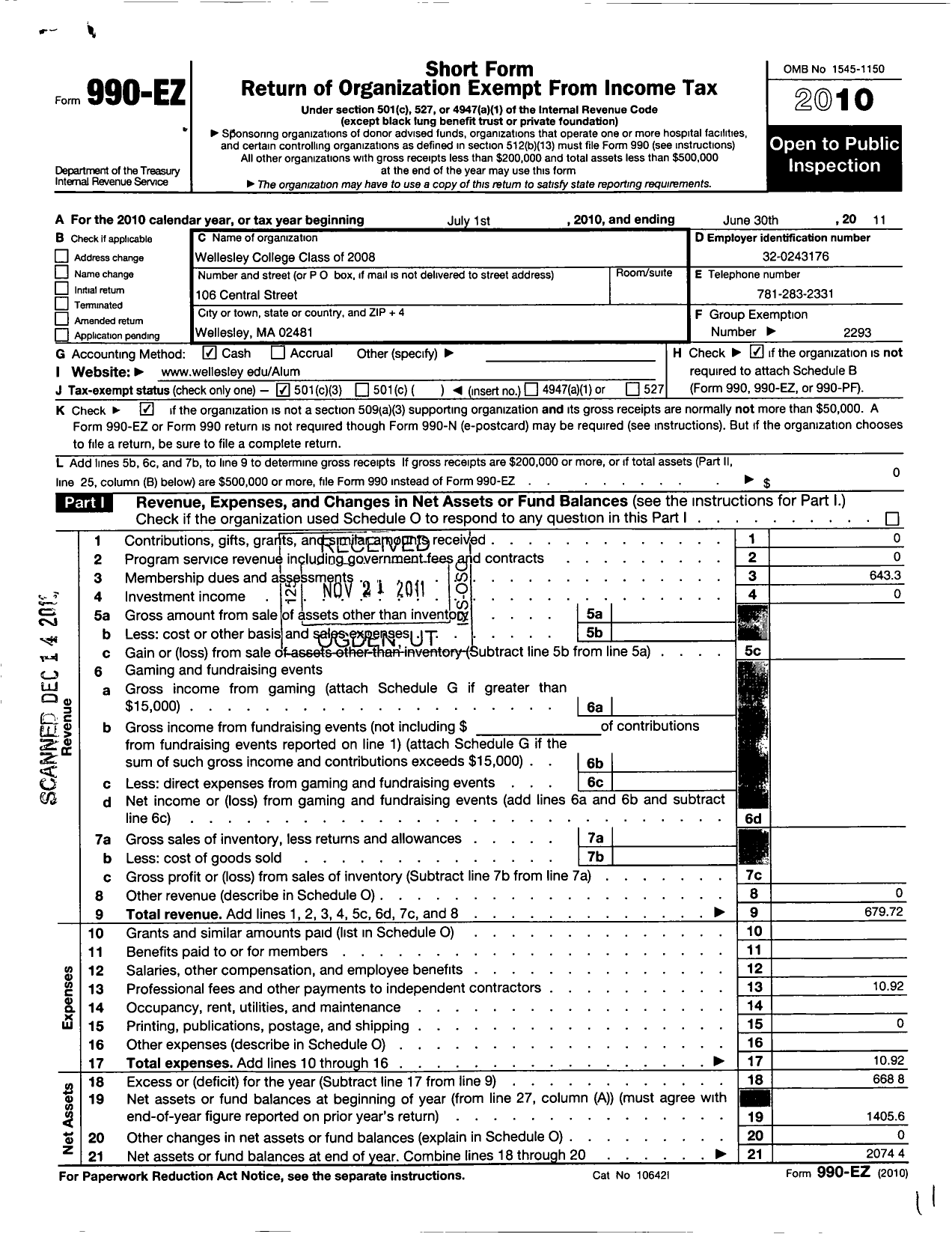 Image of first page of 2010 Form 990EZ for Wellesley College Alumnae Association - 2008 Class