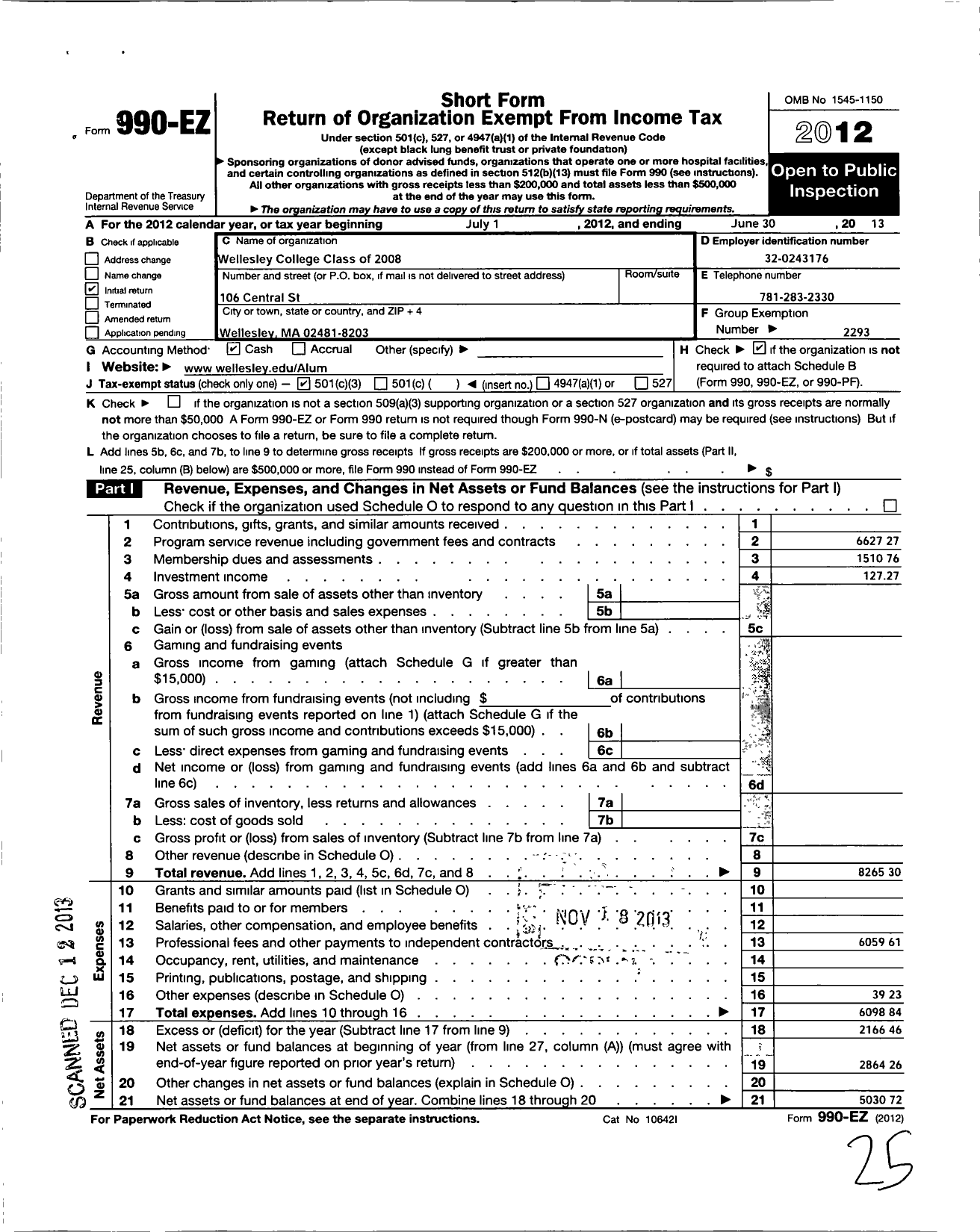 Image of first page of 2012 Form 990EZ for Wellesley College Alumnae Association - 2008 Class