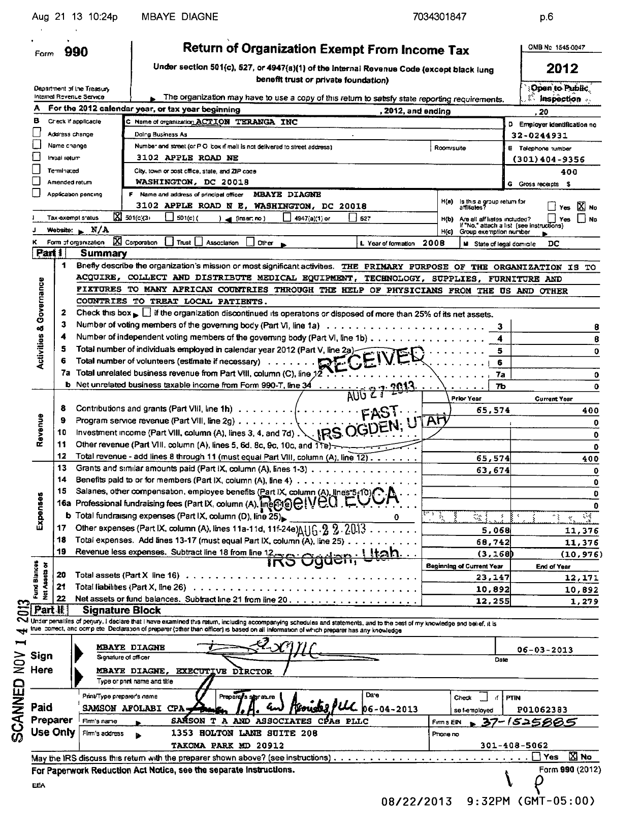 Image of first page of 2012 Form 990 for Action Teranga