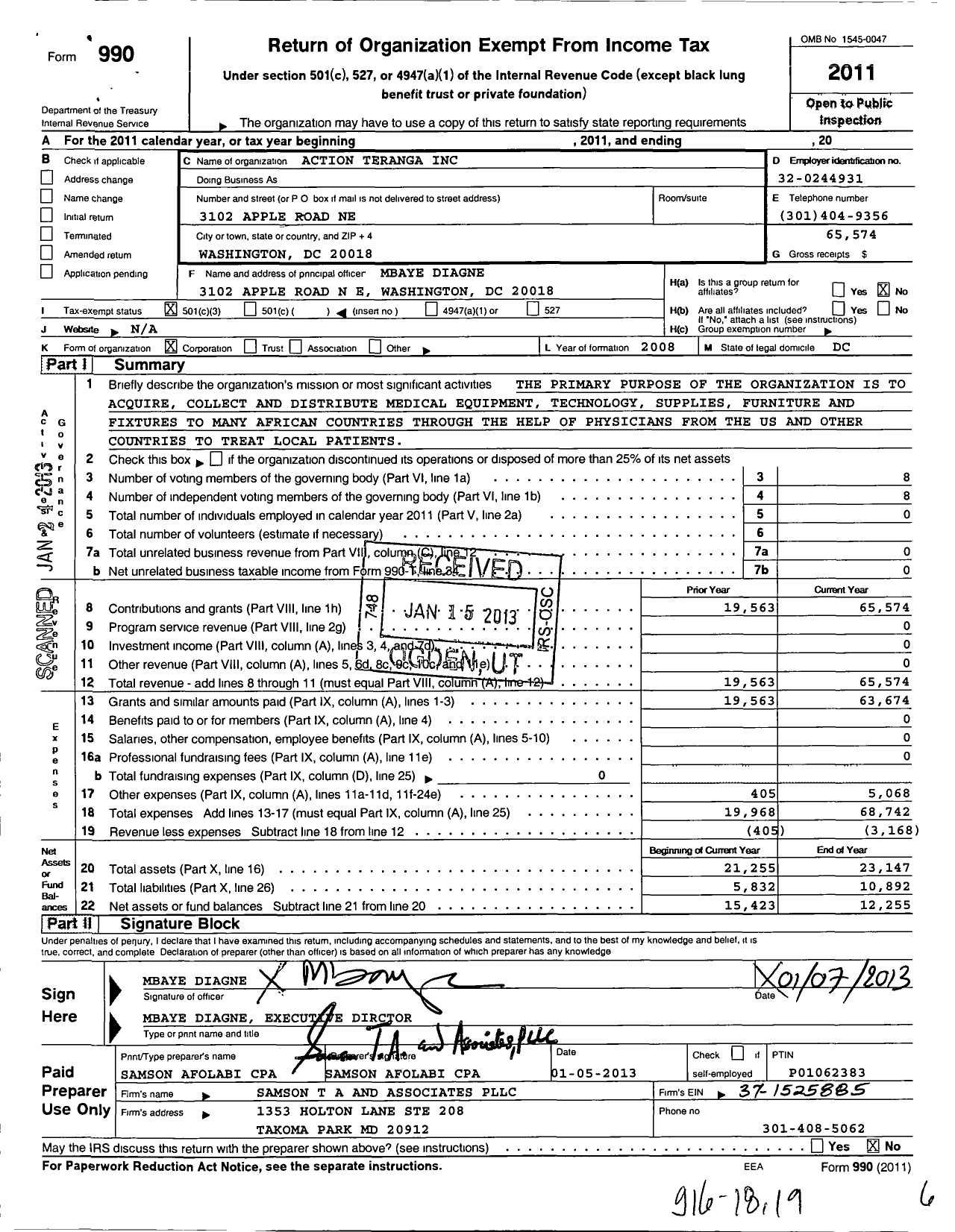 Image of first page of 2011 Form 990 for Action Teranga