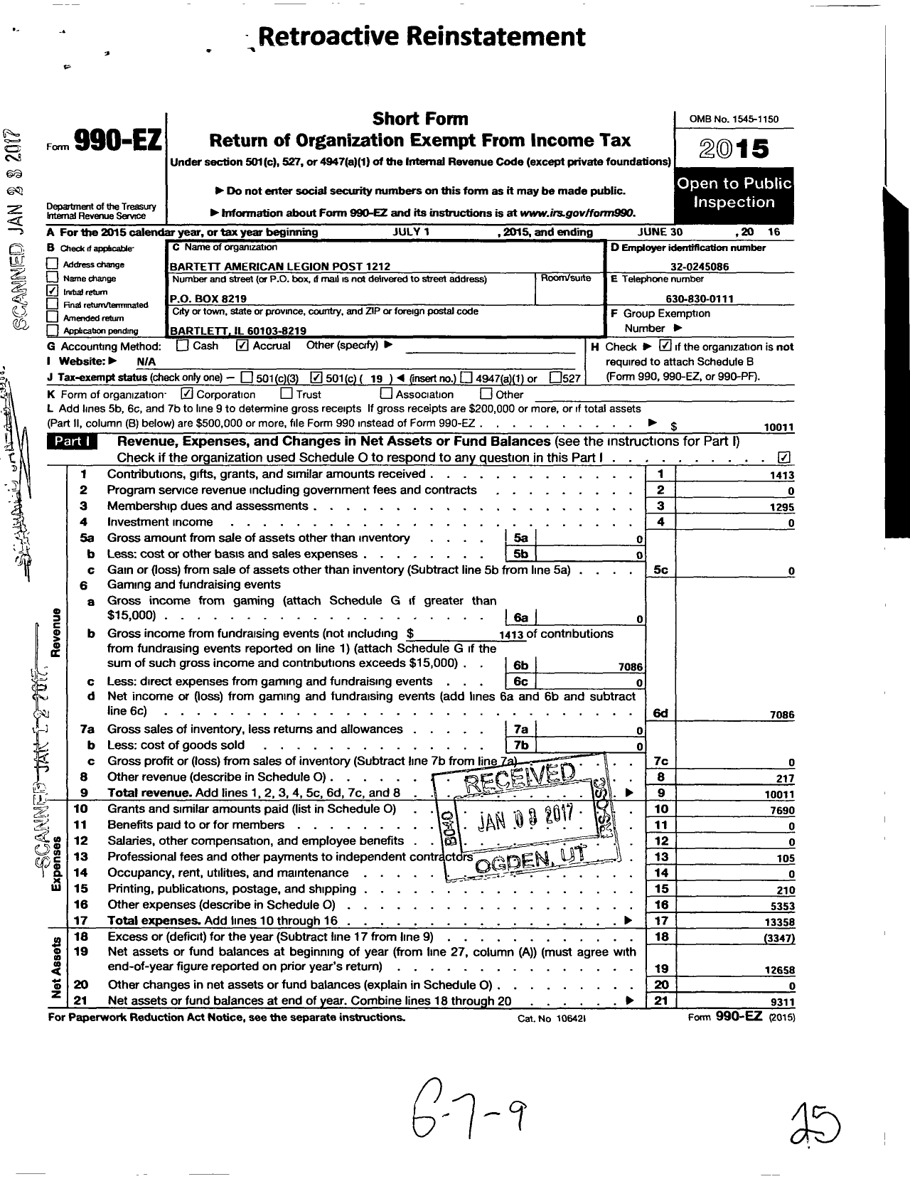 Image of first page of 2015 Form 990EO for Bartlett American Legion Post 1212