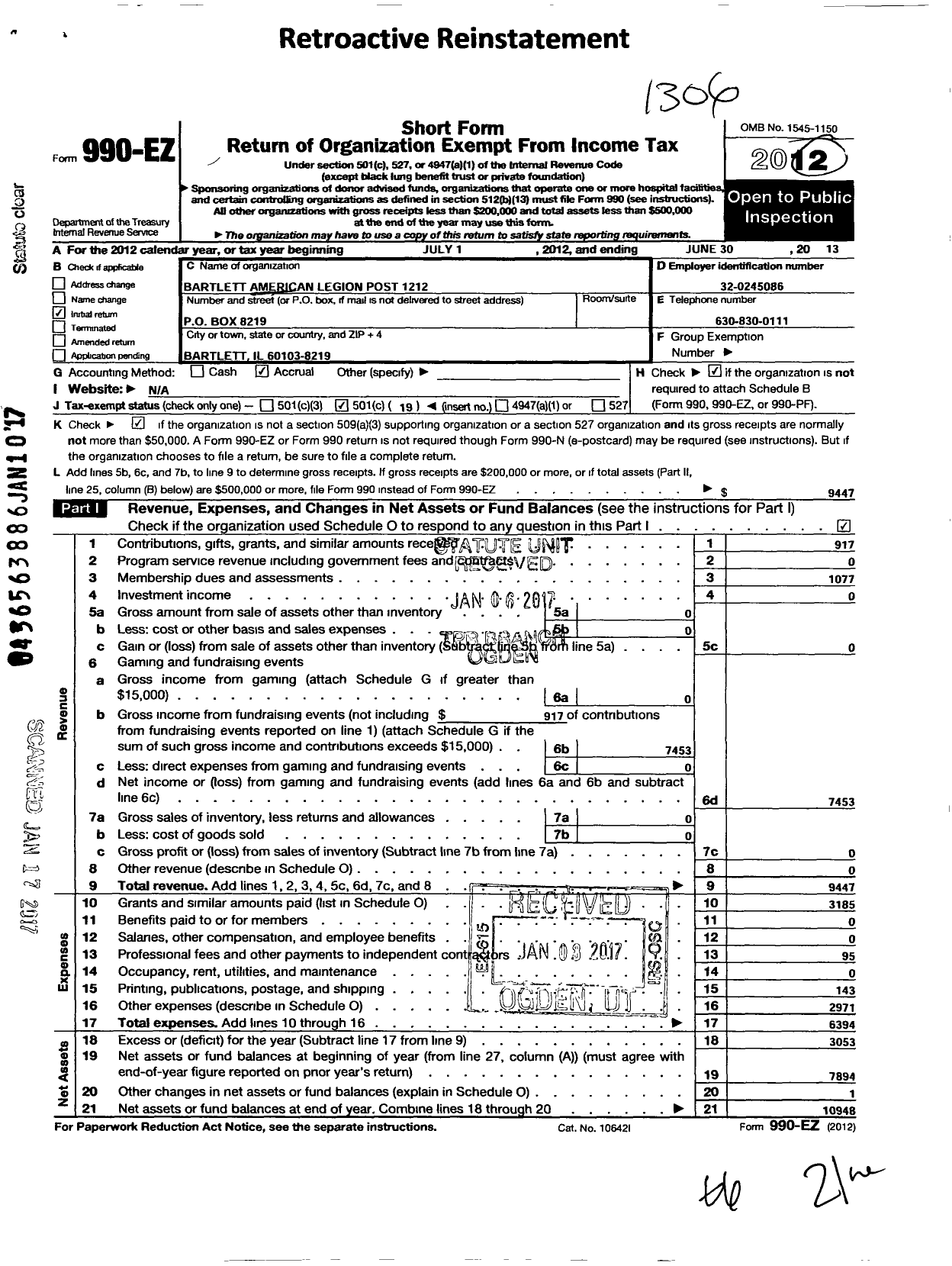 Image of first page of 2012 Form 990EO for Bartlett American Legion Post 1212