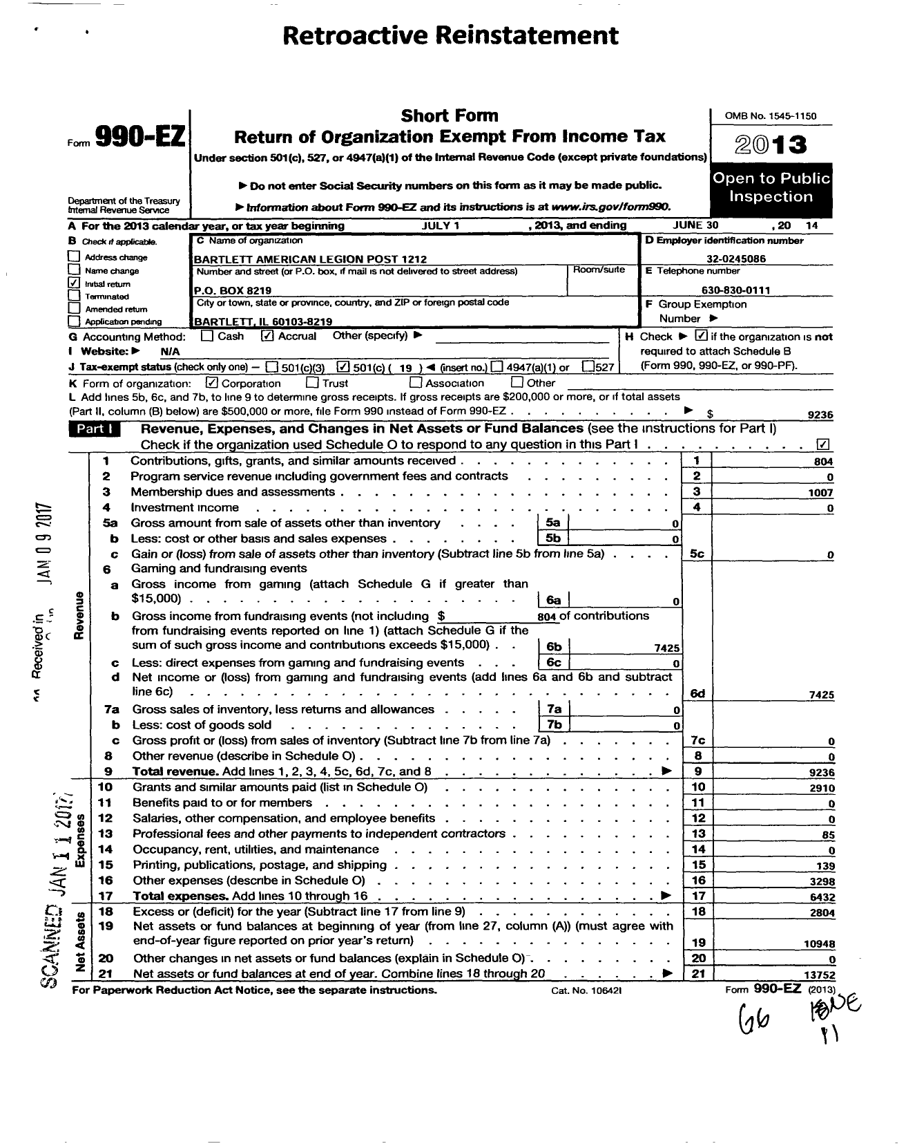 Image of first page of 2013 Form 990EO for Bartlett American Legion Post 1212