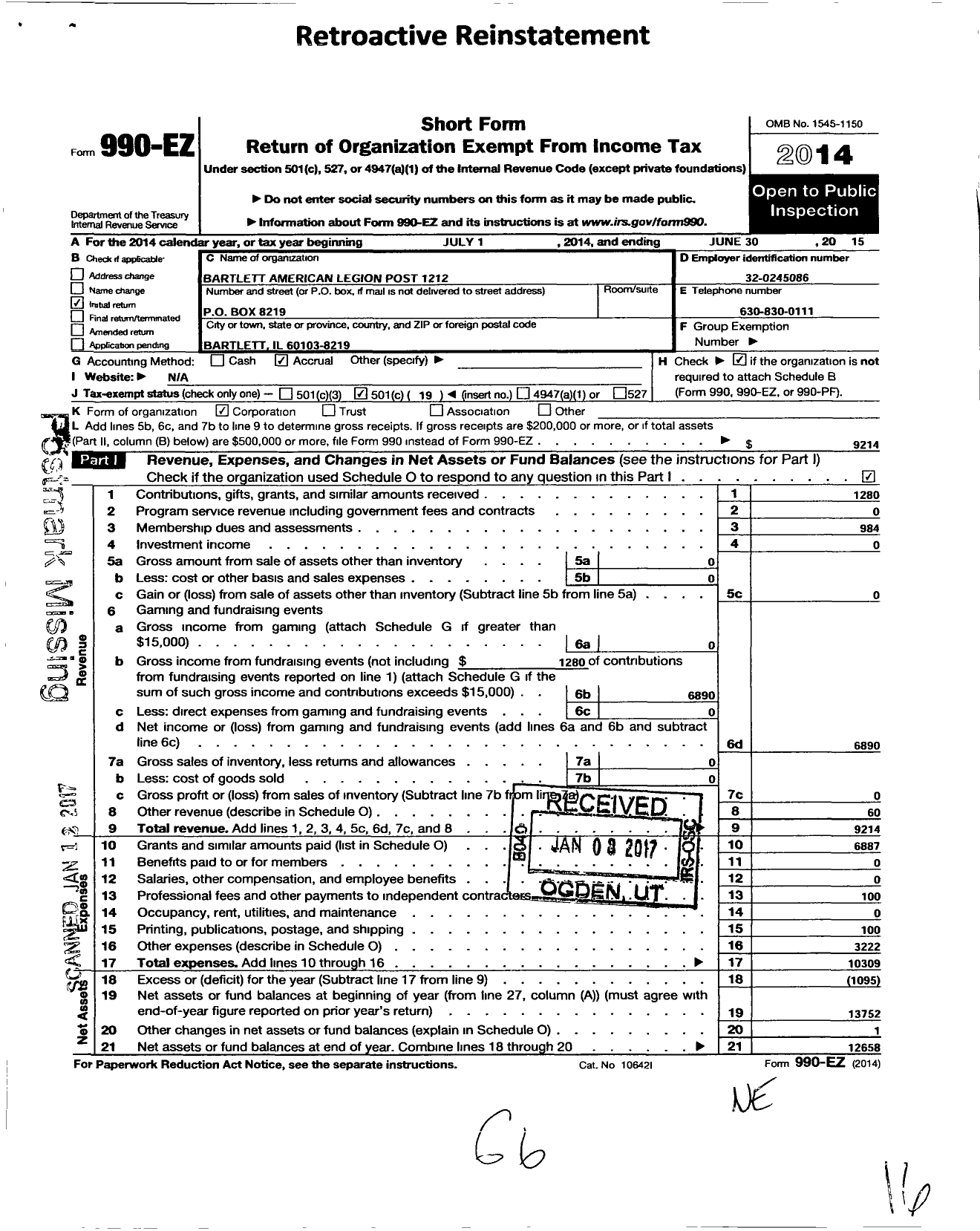 Image of first page of 2014 Form 990EO for Bartlett American Legion Post 1212