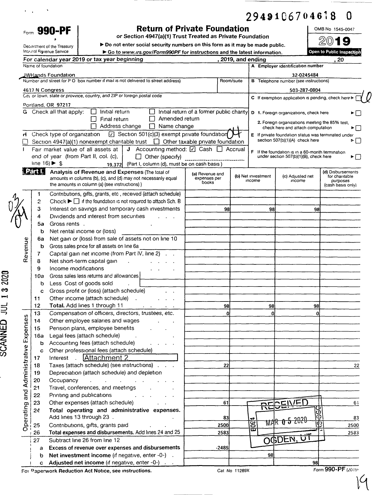 Image of first page of 2019 Form 990PR for Jwhands Foundation