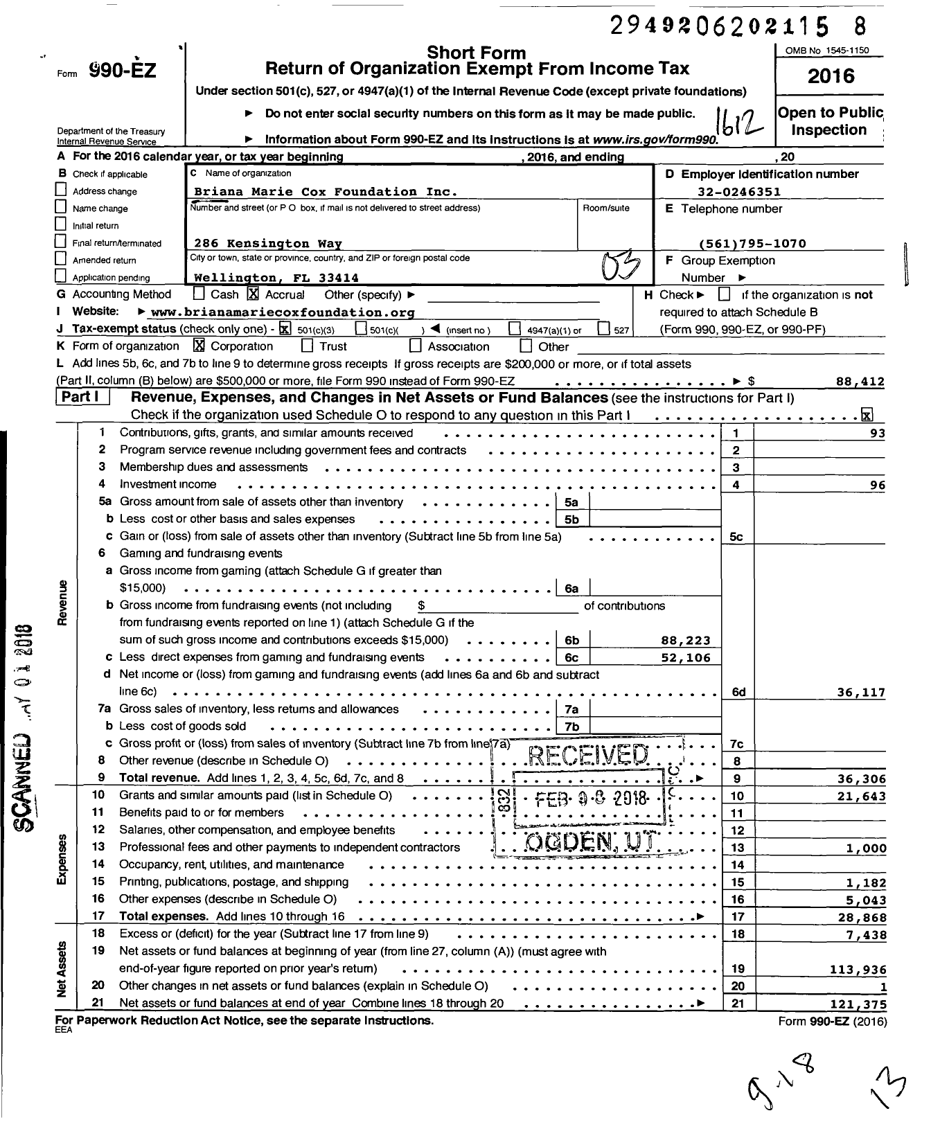 Image of first page of 2016 Form 990EZ for Briana Marie Cox Foundation