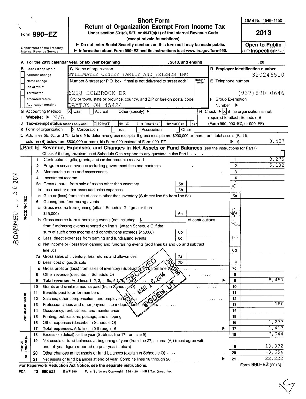 Image of first page of 2013 Form 990EZ for Stillwater Center Families and Friends